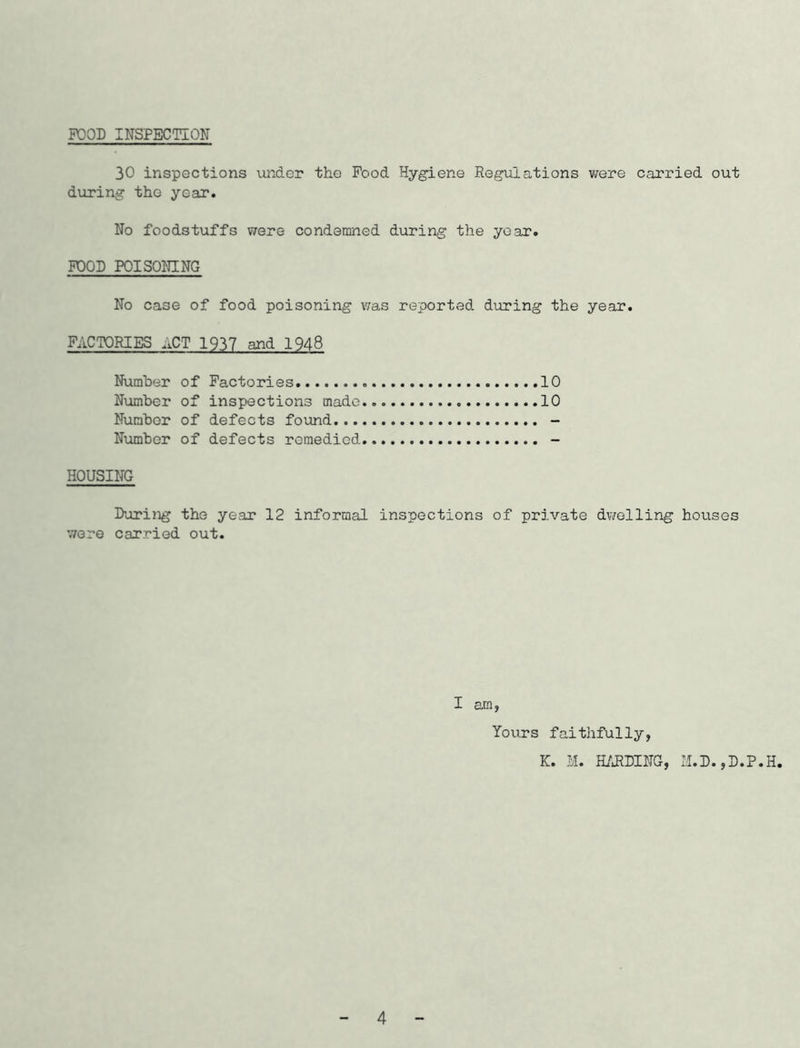 POOD INSPECTION 30 inspections under the Pood Hygiene Regulations were carried out during the year. No foodstuffs were condemned during the year. POOD POISONING No case of food poisoning was reported during the year. PACTORIES ACT 1937 and 1948 Number of Pactories 10 N\imber of inspections made 10 Number of defects found - Nximber of defects remedied HOUSING During the year 12 informal inspections of private dwelling houses were carried out. I am, Yours faithfully, K. M. HARDING, M.D.,D.P.H. 4