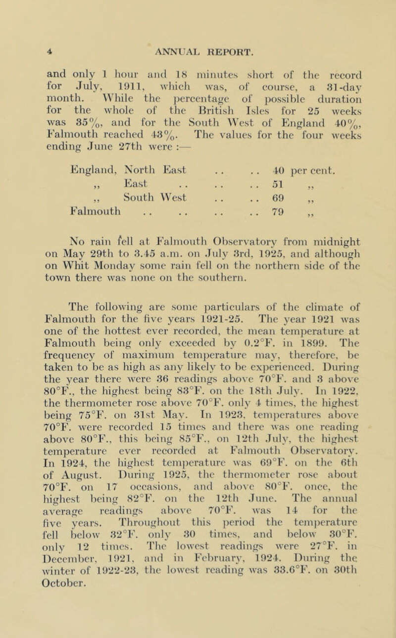 and only 1 hour and 18 minutes short of the record for July, 1911, which was, of course, a 31-day month. W hile the percentage of possible duration for the whole of the British Isles for 25 weeks was 35%, and for the South West of England 40%, Falmouth reached 43%. The values for the four weeks ending June 27th were :— England, North East ,, East . . ,, South West Falmouth 40 per cent. 51 69 79 No rain fell at Falmouth Observatory from midnight on May 29th to 3.45 a.m. on July 3rd. 1925, and although on Whit Monday some rain fell on the northern side of the town there was none on the southern. The following are some particulars of the climate of Falmouth for the five years 1921-25. The year 1921 was one of the hottest ever recorded, the mean temperature at Falmouth being only exceeded by 0.2°F. in 1899. The frequency of maximum temperature may, therefore, be taken to be as high as any likely to be experienced. During the year there were 36 readings above 70°F. and 3 above 80°F., the highest being 83°F. on the 18th July. In 1922, the thermometer rose above 70°F. only 4 times, the highest being 75°F. on 31st May. In 1923. temperatures above 70°F. were recorded 15 times and there was one reading above 80°F., this being 85°F., on 12th July, the highest temperature ever recorded at Falmouth Observatory. In 1924, the highest temperature was 69°F. on the 6th of August. During 1925, the thermometer rose about 70°F. on 17 occasions, and above 80°F. once, the highest being 82°F. on the 12th June. The annual average readings above 70°F. was 14 for the five years. Throughout this period the temperature fell below 32°F. only 30 times, and below 30°F. only 12 times. The lowest readings vrere 27°F. in December, 1921. and in February, 1924. During the winter of 1922-28, the lowest reading was 33.6°F. on 30th October.