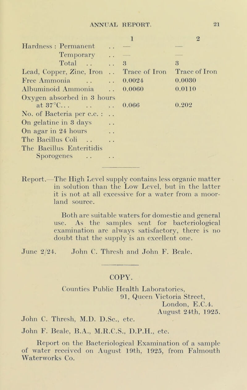 Hardness : Permanent Temporary Total Lead, Copper, Zinc, Iron . . Free Ammonia Albuminoid Ammonia Oxygen absorbed in .‘3 hours at 37°C No. of Bacteria per c.c. : . . On gelatine in 3 days On agar in 24 hours The Bacillus Coli The Bacillus Enteritidis Sporogenes 1 3 Trace of Iron 0.0024 0.0060 0.066 2 3 Trace of Iron 0.0030 0.0110 0.202 Report. The High Level supply contains less organic matter in solution than the Low Level, but in the latter it is not at all excessive for a water from a moor- land source. Both are suitable waters for domestic and general use. As the samples sent for bacteriological examination are always satisfactory, there is no doubt that the supply is an excellent one. June 2/24. John C. Thresh and John F. Beale. COPY. Counties Public Health Laboratories, 01, Queen Victoria Street, London, E.C.4. August 24th, 1025. John C. Thresh, M.D. D.Sc., etc. John F. Beale, B.A., M.R.C.S., D.P.IL, etc. Report on the Bacteriological Examination of a sample of water received on August 10th, 1025, from Falmouth Waterworks Co.