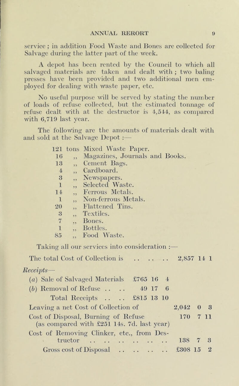 service ; in addition Food Waste and Bones are collected for Salvage during the latter part of the week. A depot has been rented by the Council to which all salvaged materials are taken and dealt with ; two baling presses have been provided and two additional men em- ployed for dealing with waste paper, etc. No useful purpose will be served by stating the number of loads of refuse collected, but the estimated tonnage of refuse dealt with at the destructor is 1,544, as compared with 6,719 last year. The following are the amounts of materials dealt with and sold at the Salvage Depot :— 121 tons Mixed Waste Paper. 16 ,, Magazines, Journals and Books. 13 ,, Cement Bags. 4 ,, Cardboard. 3 ,, Newspapers. 1 ,, Selected Waste. 14 ,, Ferrous Metals. 1 ,, Non-ferrous Metals. 20 ,, Flattened Tins. 3 ,, Textiles. 7 ,, Bones. 1 ,, Bottles. 85 ,, Food Waste. Taking all our services into consideration :— The total Cost of Collection is 2,857 14 1 Receipts— (a) Sale of Salvaged Materials £765 16 4 (b) Removal of Refuse . . . . 49 17 6 Total Receipts . . . . £815 13 10 Leaving a net Cost of Collection of 2,042 0 3 Cost of Disposal, Burning of Refuse 170 7 11 (as compared with £251 14s. 7d. last year) Cost of Removing Clinker, etc., from Des- tructor 138 7 3 Gross cost of Disposal £308 15 2
