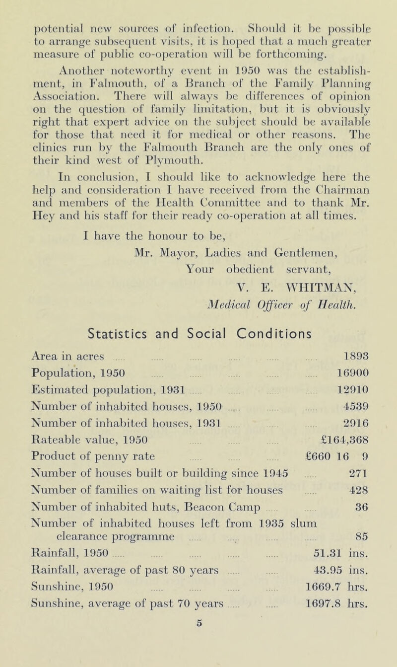 potential new sources of infection. Should it be possible to arrange subsequent visits, it is hoped that a much greater measure of public co-operation will be forthcoming. Another noteworthy event in 1950 was the establish- ment, in Falmouth, of a Branch of the Family Planning Association. There will always be differences of opinion on the question of family limitation, but it is obviously right that expert advice on the subject should be available for those that need it for medical or other reasons. The clinics run by the Falmouth Branch are the only ones of their kind west of Plymouth. In conclusion, I should like to acknowledge here the help and consideration 1 have received from the Chairman ami members of the Health Committee and to thank Mr. Hey and his staff for their ready co-operation at all times. I have the honour to be, Mr. Mayor, Ladies and Gentlemen, Your obedient servant, V. E. WHITMAN, Medical Officer of Health. Statistics and Social Conditions Area in acres 1893 Population, 1950 16900 Estimated population, 1931 12910 Number of inhabited houses, 1950 4539 Number of inhabited houses, 1931 2916 Rateable value, 1950 €164,368 Product of penny rate £660 16 9 Number of houses built or building since 1945 271 Number of families on waiting list for houses 428 Number of inhabited huts, Beacon Camp 36 Number of inhabited houses left from 1935 slum clearance programme 85 Rainfall, 1950 51.31 ins. Rainfall, average of past 80 years 43.95 ins. Sunshine, 1950 1669.7 hrs. Sunshine, average of past 70 years 1697.8 hrs.