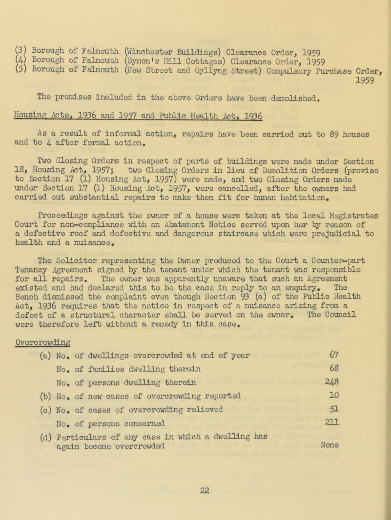 (3) Borough of Falmouth (Winchester Buildj.ngs) Clearance Order, 1959 (4) Borough of Falmouth (Symon’s Bill Cottages) Clearance Order, 1959 (5) Borough of Falmouth (New Street and Gyllyng Street) Compulsory Purchase Order, 1959 The premises included in the above Orders have been demolished. Housing Acts, 1936 and 1957 and Public Health Act, 1936 As a result of informal action, repairs have been carried out to 89 houses and to 4 after formal action. Two Closing Orders in respect of parts of buildings were made under Section 18, Housing Act, 1957; two Closing Orders in lieu of Demolition Orders (proviso to Section 17 (l) Housing Act, 1957) were made, and two Closing Orders made under Section 17 (1) Housing Act, 1957# were cancelled, after the owners had carried out substantial repairs to make them fit for human habitation. Proceedings against the owner of a house were taken at the local Magistrates Court for non-compliance with an Abatement Notice served upon her reason of a defective roof and defective and dangerous staircase which were prejudicial to health and a nuisance. The Solicitor representing the Owner produced to the Court a Counte]>-part Tenancy Agreement signed by the tenant under which the tenant was responsible for all repairs. The owner was apparently unaware that such an Agreement existed and had declared this to be the case in reply to an enquiry. The Bench dismissed the complaint even though Section 93 (a) of the Public Health Act, 1936 requires that the notice in respect of a nuisance arising from a defect of a structural character shall be served on the owner. The Council were therefore left without a remedy in this case. Overcrowding (a) No, of dwellings overcrowded at end of year 67 (c) No, of cases of overcrowding relieved No, of persons concerned (b) No, of new cases of overcrowding reported No, of families dwelling therein No, of persons dwelling therein 68 248 10 51 211 (d) Particulars of any case in which a dwelling has again become overcrowded None