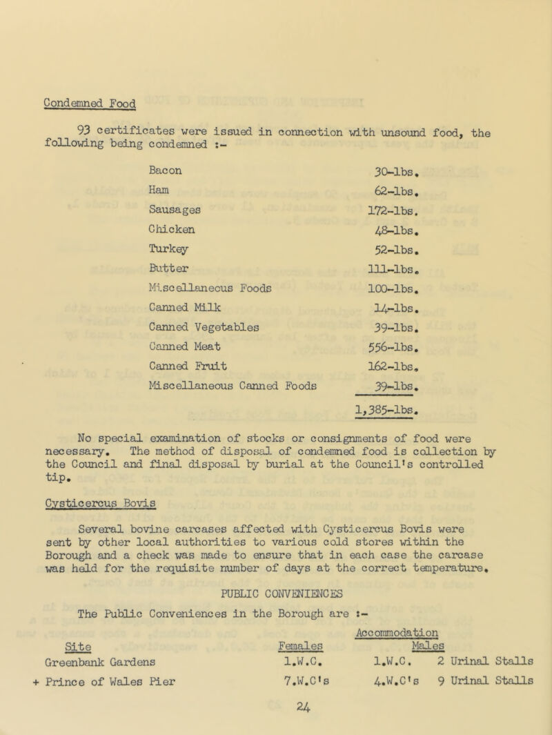 Condemned Food 93 certificates were issued in connection with unsound food, the following being condemned Bacon 30-lbs, 62-lbs, 172-lbs. 48-lbs, 52-lbs. ni-lbs, 100-lbs, 14-lbs. 39-lbs. 556-lbs. 162-lbs, 39-lbs. Ham Sausages Chicken Turkey Butter Miscellaneous Foods Canned Milk Canned Vegetables Canned Meat Canned Fruit ItLscellaneous Canned Foods 1,385-lbs. No special examination of stocks or consignments of food were necessary. The method of disposal of condemned food is collection by the Council and final disposal by burial at the Council’s controlled tip. Cysticercus Bovis Several bovine carcases affected with Cysticercus Bovis were sent by other local authorities to various cold stores within the Borough and a check was made to ensure that in each case the carcase was held for the requisite number of days at the correct tonpeiature. PUBLIC CONVENIENCES The Public Conveniences in the Borough are :- Accommodation Site Greenbank Gardens + Prince of Wales Pier Females l.W.C. 7.W.C»s Males l.W.C, 2 Urinal Stalls 4.W.C’s 9 Urinal Stalls