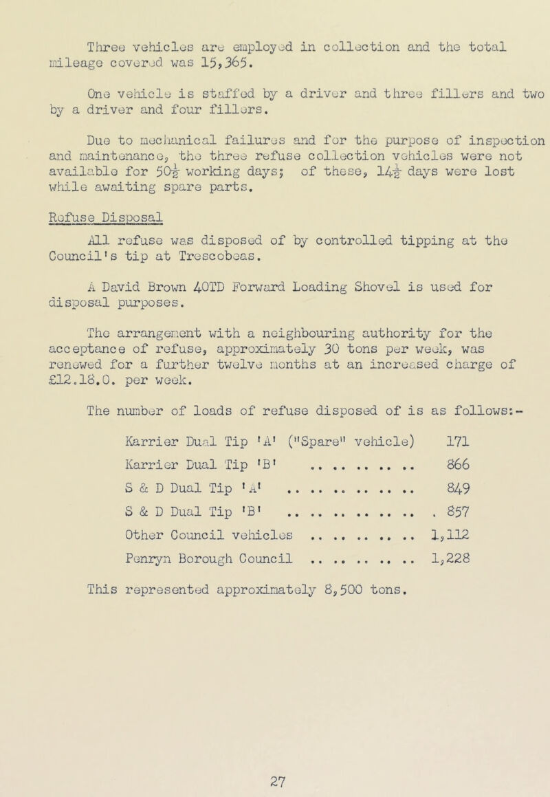 Three vehicles are employed in collection and the total mileage covered was 15?365. One ve!;iicle is staiTod by a driver and three fillers and two by a driver and four fillers. Due to mechanical failures and for the purpose of inspection and maintenance, the three refuse collection vehicles were not available for 50^ working days| of these, 14'2 days were lost while awaiting spare parts. Refuse Disposal All refuse was disposed of by contro3-led tipping at the Council’s tip at Trescobeas. A David Brown 40TD Forward Loading Shovel is used for disposal purposes. The arrangement with a neighbouring authority for the acceptance of refuse, approximately 30 tons per v/eek, was renewed for a further twelve months at an increased charge of £12,18,0. per week. The number of loads of refuse disposed of is as follows:- Karrier Dual Tip 'A' (Spare vehicle) 171 Karrier Dual Tip ’B’ 866 S & D Dual Tip ’ A* 849 S & D Dual Tip 'B’ 857 Other Council veliicles 1,112 Ponryn Borough Council 1,228 This represented approximately 8,500 tons.