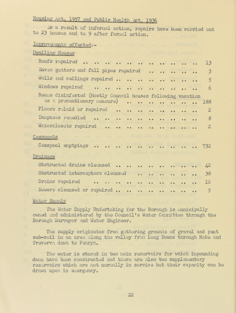 Housing Act, 19^7 aiid Public Health .Act.. ris a re suit of infornal action, repairs have been carried out to 23 houses and to 9 after forr.ial action. Inprov ei.ient s effec t nd: ~ Dwelling Houses' Roofs repaired ICaves gutters and fall pipes repaired VJalls and ceilings repaired Windows repaired' Roous disinfested (Mostly Council houses following vacation as 0. precautionary r.ieasure) Floors relaid or repaired Dampness remedied Waterclosets repaired 13 3 5 6 188 2 8 2 Cesspools Cesspool emptyings 732 Drainage Obstructed drains cleansed 42 Obstructed interceptors cleansed 38 Drains repaired 12 Sewers cleansed or repaired 5 Water Supply The Water Supply Undertaking for the Borough is municipally ov^nied and administered by the Council's Water Comittee through the Borough Surveyor .and V/ater Engineer. The supply originates from gathering grounds of gravel and peat sub-soil in an area along the valley from Long Downs tiirough Mabe and Treverva down to Penryn. The water is stored in two main reservoirs for which impounding dams have been constructed and there are also two supplementary reservoirs which are not normally in service but their capacity can be draivn upon in eiaergency.