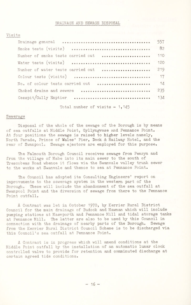 DRAINAGE AND SEWAGE DISPOSAL Visits Drainage general Smoke tests (visits) Number of smoke tests carried out Water tests (visits) Nrmiber of water tesrs carried out Colo'ur tests (visits) Noo of colour tests ca,rried out Choked drains and sewers ei»900«>®c»<i<09«(!>®00000p*€>«ppp0®000p00 <»o<Dep®ooooooo9oai»®«POo«Pdoeo«eoo»e ooo®oPoooo®«o®oooo<»opePooeooo<»coG pco«o®oppoooeepppo0«peo C e s s pi t/GuI 1 y Em pt; i er «o®oo •©»o®o®o«»*eoo*®®<90t>o«o®® <S»®0090©000*000»«®00«*»0*©0*®»«0 Y J 82 110 120 219 17 14 235 134 Total nijimber of visits - 1,145 Sewerage Disposal of the whole of the sewage of the Borough is by means of sea outfalls at Middle Point, Gyllyngvase and Pennance Point. At four positions the sewage is raised to higher levels namely, North Parade, Prince of Wales’ Pier, Dock & Railway Hotel, and the rear of Swanpoolo Sewage ejectors are employed for this purpose. Tile Falmouth Borough Coioncil receives sewage from Penryn and from the village of Mabe into its main sewer to the south of Trsscobeas Road whence it flows via the Swanvale valley trunk sewer tc the works at Swanvale and thence to sea at Pennance Point. The Coimcil has adopted its Consulting Engineers’ report on improvements to the sewerage system in the western part of the Borougho These will include the abandonment of the sea outfall at Swanpool Point and the diversion of sewage from there to the Pennance Point outfall. A Contract was let in October 1970, by Kerrier Rural District Council for the main drainage of Budock and Mawnan which will include pumping stations at Maenporth and Pennance Mill and tidal storage tanks at Pennance Millo Tiie latter are also to be used by this Council in connection wdth the drainage of nearby parts of the Borough. Sewage from the Kerrier Rural District Co'uncil Scheme is to be discharged via this Council’s sea outfall at Pennance Point. A Contract is in progress which will Middle Point outfall by the installation oontroiled valve to provide for retention amend conditions at the of an automatic limar clock and coiiuninuted discharge at certain agr^eed tide conditions®