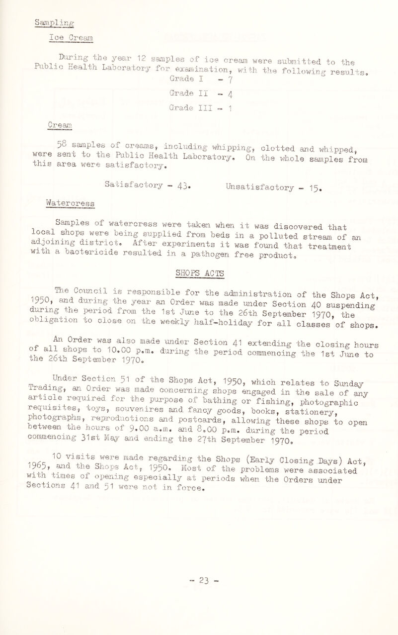 Saniplin.ir^ ice Cream ^ ^2 saiiipl€P3 of ioe cream were submitted to the irii.jj.ic Health Laboratoi^j for examination^ wi'th the following results* Grade I ■ Cream / Grade II ^4 Grade III ± 0<i sainples of creams, including whipping, clotted and whipped, were senu to the Public Health Laboratory. On the whole saniples from s area were satisfactory• Satisfactory - 43, Unsatisfactory ~ 15, Watercress Sampras of watercress were taken when it was discovered that local shops were being supplied from beds in a polluted stream of an adjoining district* After experiments it was found that treatment witn a baotencids resulted in a pathogen free product* SHOPS ACTS -nrc responsible for the administration of the Shops Act, j am . unrig the year an Order was made under Section 40 suspending muring tne perioa from the Ist .Jime to the 26th Sejitember 1970, the obligation to close on 1 the weekly half-holiday for all classes of shops of made under Section 41 extending the closing hours ^■.7 ■'-o lO.Oo p.m, diii-ing the period commencing the 1st June to tne i6th September I97O. ^ Under Section 51 of the Shops Act, 195O, which relates to Sunday i*aa.ng, an Order was made oonoerning shops engaged in the sale of any article required for the purpose of bathing or fishing, photographic requisites, xoys, souvenires ar.d fancy goods, books, stationery, phyographs, reproductions aid postcards, allowing these shops to open between tne hours of 9.00 a.m. and 8.00 p.m. during the period commenoing 31 Bt Ma^y and ending the 27th September 197O, 10 visits were made regarding the Shops (Early Closing Days) Act, WU, and the Shops Act, 195O. Most of the problems were associated wj.Li^ t,im8s ol opening especially at periods when the Orders -under ioe<_<'tions 4”^ aivi 31 were not in fox'ce#