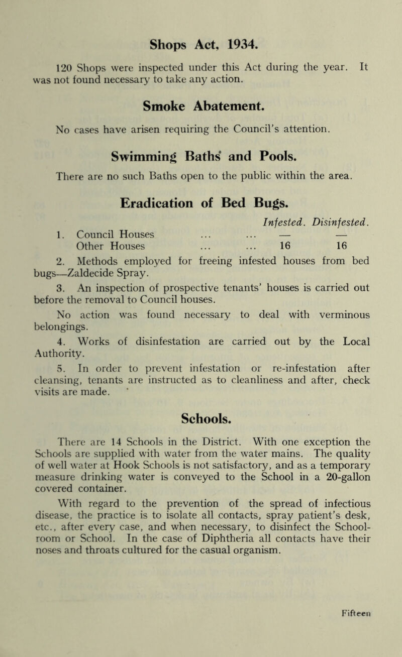 Shops Act, 1934. 120 Shops were inspected under this Act during the year. It was not found necessary to take any action. Smoke Abatement. No cases have arisen requiring the Council’s attention. Swimming Baths and Pools. There are no such Baths open to the public within the area. Eradication of Bed Bugs. Infested. Disinfested. 1. Council Houses ... ... — — Other Houses ... ... 16 16 2. Methods employed for freeing infested houses from bed bugs—Zaldecide Spray. 3. An inspection of prospective tenants’ houses is carried out before the removal to Council houses. No action was found necessary to deal with verminous belongings. 4. Works of disinfestation are carried out by the Local .Authority. 5. In order to prevent infestation or re-infestation after cleansing, tenants are instructed as to cleanliness and after, check visits are made. Schools. There are 14 Schools in the District. With one exception the Schools are supplied with water from the water mains. The quality of well water at Hook Schools is not satisfactory, and as a temporary measure drinking water is conveyed to the School in a 20-gallon covered container. With regard to the prevention of the spread of infectious disease, the practice is to isolate all contacts, spray patient’s desk, etc., after every case, and when necessary, to disinfect the School- room or School. In the case of Diphtheria all contacts have their noses and throats cultured for the casual organism.