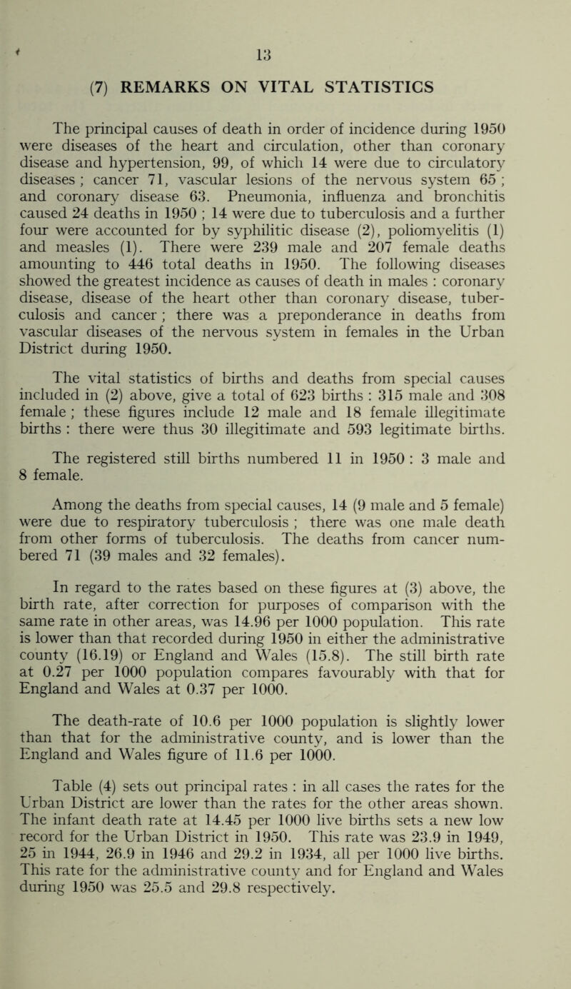 * (7) REMARKS ON VITAL STATISTICS The principal causes of death in order of incidence during 1950 were diseases of the heart and circulation, other than coronary disease and hypertension, 99, of which 14 were due to circulatory diseases; cancer 71, vascular lesions of the nervous system 65; and coronary disease 63. Pneumonia, influenza and bronchitis caused 24 deaths in 1950 ; 14 were due to tuberculosis and a further four were accounted for by syphilitic disease (2), poliomyelitis (1) and measles (1). There were 239 male and 207 female deaths amounting to 446 total deaths in 1950. The following diseases showed the greatest incidence as causes of death in males : coronary disease, disease of the heart other than coronary disease, tuber- culosis and cancer ; there was a preponderance in deaths from vascular diseases of the nervous system in females in the Urban District during 1950. The vital statistics of births and deaths from special causes included in (2) above, give a total of 623 births : 315 male and 308 female ; these figures include 12 male and 18 female illegitimate births : there were thus 30 illegitimate and 593 legitimate births. The registered still births numbered 11 in 1950 : 3 male and 8 female. Among the deaths from special causes, 14 (9 male and 5 female) were due to respiratory tuberculosis ; there was one male death from other forms of tuberculosis. The deaths from cancer num- bered 71 (39 males and 32 females). In regard to the rates based on these figures at (3) above, the birth rate, after correction for purposes of comparison with the same rate in other areas, was 14.96 per 1000 population. This rate is lower than that recorded during 1950 in either the administrative county (16.19) or England and Wales (15.8). The still birth rate at 0.27 per 1000 population compares favourably with that for England and Wales at 0.37 per 1000. The death-rate of 10.6 per 1000 population is slightly lower than that for the administrative county, and is lower than the England and Wales figure of 11.6 per 1000. Table (4) sets out principal rates : in all cases the rates for the Urban District are lower than the rates for the other areas shown. The infant death rate at 14.45 per 1000 live births sets a new low record for the Urban District in 1950. This rate was 23.9 in 1949, 25 in 1944, 26.9 in 1946 and 29.2 in 1934, all per 1000 live births. This rate for the administrative county and for England and Wales during 1950 was 25.5 and 29.8 respectively.