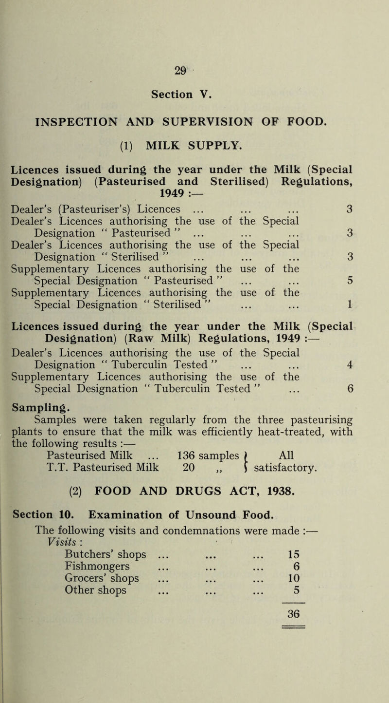 Section V. INSPECTION AND SUPERVISION OF FOOD. (1) MILK SUPPLY. Licences issued during the year under the Milk (Special Designation) (Pasteurised and Sterilised) Regulations, 1949 :— Dealer’s (Pasteuriser’s) Licences ... ... ... 3 Dealer’s Licences authorising the use of the Special Designation “Pasteurised” ... ... ... 3 Dealer’s Licences authorising the use of the Special Designation “Sterilised” ... ... ... 3 Supplementary Licences authorising the use of the Special Designation “Pasteurised” ... ... 5 Supplementary Licences authorising the use of the Special Designation “Sterilised” ... ... 1 Licences issued during the year under the Milk (Special Designation) (Raw Milk) Regulations, 1949 :— Dealer’s Licences authorising the use of the Special Designation “Tuberculin Tested” ... ... 4 Supplementary Licences authorising the use of the Special Designation “Tuberculin Tested” ... 6 Sampling. Samples were taken regularly from the three pasteurising plants to ensure that the milk was efficiently heat-treated, with the following results :— Pasteurised Milk ... 136 samples ) All T.T. Pasteurised Milk 20 ,, ) satisfactory. (2) FOOD AND DRUGS ACT, 1938. Section 10. Examination of Unsound Food. The following visits and condemnations were Visits : Butchers’ shops ... Fishmongers Grocers’ shops Other shops made :— 15 6 10 5 36