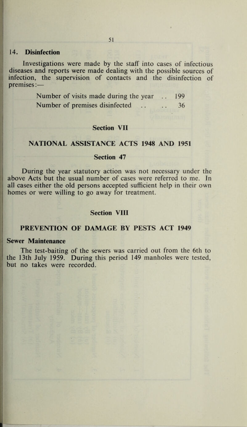 14. Disinfection Investigations were made by the staff into cases of infectious diseases and reports were made dealing with the possible sources of infection, the supervision of contacts and the disinfection of premises:— Number of visits made during the year 199 Number of premises disinfected .. .. 36 Section VII NATIONAL ASSISTANCE ACTS 1948 AND 1951 Section 47 During the year statutory action was not necessary under the above Acts but the usual number of cases were referred to me. In all cases either the old persons accepted sufficient help in their own homes or were willing to go away for treatment. Section VIII PREVENTION OF DAMAGE BY PESTS ACT 1949 Sewer Maintenance The test-baiting of the sewers was carried out from the 6th to the 13th July 1959. During this period 149 manholes were tested, but no takes were recorded.