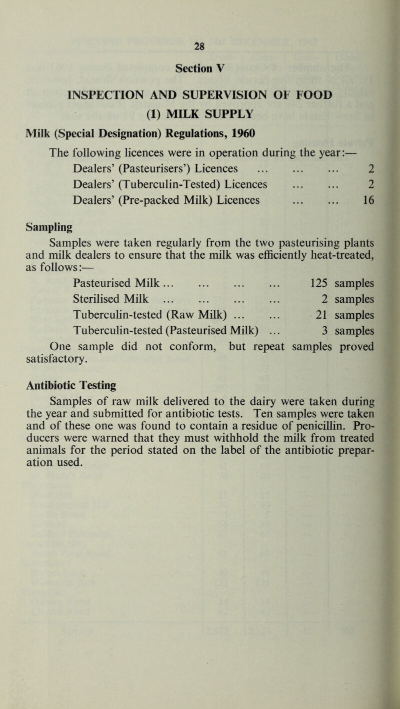 Section V INSPECTION AND SUPERVISION OF FOOD (1) MILK SUPPLY Milk (Special Designation) Regulations, 1960 The following licences were in operation during the year:— Dealers’ (Pasteurisers’) Licences 2 Dealers’ (Tuberculin-Tested) Licences 2 Dealers’ (Pre-packed Milk) Licences 16 Sampling Samples were taken regularly from the two pasteurising plants and milk dealers to ensure that the milk was efficiently heat-treated, as follows:— Pasteurised Milk 125 samples Sterilised Milk 2 samples Tuberculin-tested (Raw Milk) 21 samples Tuberculin-tested (Pasteurised Milk) ... 3 samples One sample did not conform, satisfactory. but repeat samples proved Antibiotic Testing Samples of raw milk delivered to the dairy were taken during the year and submitted for antibiotic tests. Ten samples were taken and of these one was found to contain a residue of penicillin. Pro- ducers were warned that they must withhold the milk from treated animals for the period stated on the label of the antibiotic prepar- ation used.
