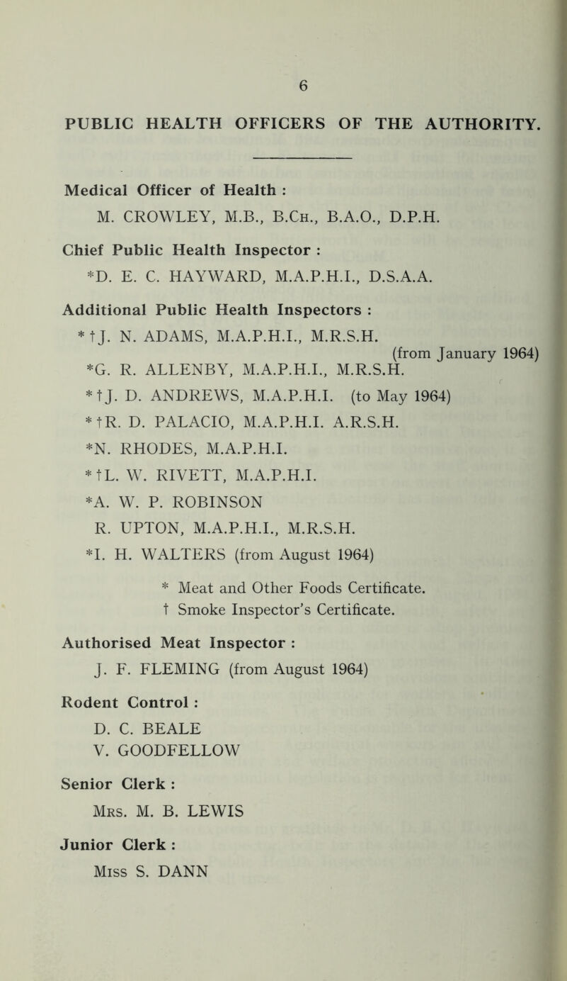 PUBLIC HEALTH OFFICERS OF THE AUTHORITY. Medical Officer of Health ; M. CROWLEY, M.B., B.Ch., B.A.O., D.P.H. Chief Public Health Inspector : *D. E. C. HAYWARD, M.A.P.H.L, D.S.A.A. Additional Public Health Inspectors : *tj. N. ADAMS, M.A.P.H.L, M.R.S.H. (from January 1964) *G. R. ALLENBY, M.A.P.H.L, M.R.S.H. *tj. D. ANDREWS, M.A.P.H.L (to May 1964) *tR. D. PALACIO, M.A.P.H.L A.R.S.H. *N. RHODES, M.A.P.H.L *tL. W. RIVETT, M.A.P.H.L *A. W. P. ROBINSON R. UPTON, M.A.P.H.L, M.R.S.H. *1. H. WALTERS (from August 1964) * Meat and Other Foods Certificate, t Smoke Inspector’s Certificate. Authorised Meat Inspector : J. F. FLEMING (from August 1964) Rodent Control : D. C. BEALE V. GOODFELLOW Senior Clerk : Mrs. M. B. LEWIS Junior Clerk : Miss S. DANN