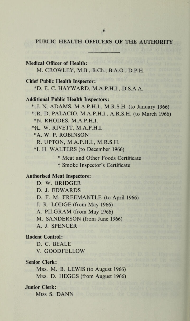 PUBLIC HEALTH OFFICERS OF THE AUTHORITY Medical Officer of Health: M. CROWLEY, M.B., B.Ch., B.A.O., D.P.H. Chief Public Health Inspector: *D. E. C. HAYWARD, M.A.P.H.I., D.S.A.A. Additional Public Health Inspectors: *tJ. N. ADAMS, M.A.P.H.I., M.R.S.H. (to January 1966) *fR. D. PALACIO, M.A.P.H.I., A.R.S.H. (to March 1966) *N. RHODES, M.A.P.H.I. *fL. W. RIVETT, M.A.P.H.I. *A. W. P. ROBINSON R. UPTON, M.A.P.H.I., M.R.S.H. *1. H. WALTERS (to December 1966) * Meat and Other Foods Certificate t Smoke Inspector’s Certificate Authorised Meat Inspectors: D. W. BRIDGER D. J. EDWARDS D. F. M. FREEMANTLE (to April 1966) J. R. LODGE (from May 1966) A. PILGRAM (from May 1966) M. SANDERSON (from June 1966) A. J. SPENCER Rodent Control: D. C. BEALE V. GOODFELLOW Senior Clerk: Mrs. M. B. LEWIS (to August 1966) Mrs. D. HEGGS (from August 1966) Junior Clerk: Miss S. DANN