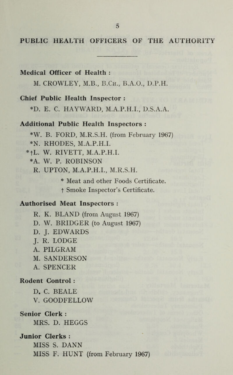 Medical Officer of Health : M. CROWLEY, M.B., B.Ch., B.A.O., D.P.H. Chief Public Health Inspector : *D. E. C. HAYWARD, M.A.P.H.I., D.S.A.A. Additional Public Health Inspectors : *W. B. FORD, M.R.S.H. (from February 1967) *N. RHODES, M.A.P.H.I. * fL. W. RIVETT, M.A.P.H.I. *A. W. P. ROBINSON R. UPTON, M.A.P.H.I., M.R.S.H. * Meat and other Foods Certificate, t Smoke Inspector’s Certificate. Authorised Meat Inspectors : R. K. BLAND (from August 1967) D. W. BRIDGER (to August 1967) D. J. EDWARDS J. R. LODGE A. PILGRAM M. SANDERSON A. SPENCER Rodent Control : D. C. BEALE V. GOODFELLOW Senior Clerk : MRS. D. HEGGS Junior Clerks : MISS S. DANN MISS F. HUNT (from February 1967)