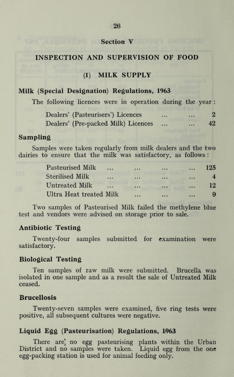 Section V INSPECTION AND SUPERVISION OF FOOD (1) MILK SUPPLY Milk (Special Designation) Regulations, 1963 The following licences were in operation during the year : Dealers’ (Pasteurisers’) Licences ... ... 2 Dealers’ (Pre-packed Milk) Licences ... ... 42 Sampling Samples were taken regularly from milk dealers and the two dairies to ensure that the milk was satisfactory, as follows : Pasteurised Milk ... ... ... ... 125 Sterilised Milk ... ... ... ... 4 Untreated Milk ... ... ... ... 12 Ultra Heat treated Milk ... ... ... 9 Two samples of Pasteurised Milk failed the methylene blue test and vendors were advised on storage prior to sale. Antibiotic Testing Twenty-four samples submitted for examination were satisfactory. Biological Testing Ten samples of raw milk were submitted. Brucella was isolated in one sample and as a result the sale of Untreated Milk ceased. Brucellosis Twenty-seven samples were examined, five ring tests were positive, all subsequent cultures were negative. Liquid Egg (Pasteurisation) Regulations, 1963 There are] no egg pasteurising plants within the Urban District and no samples were taken. Liquid egg from the one egg-packing station is used for animal feeding only.