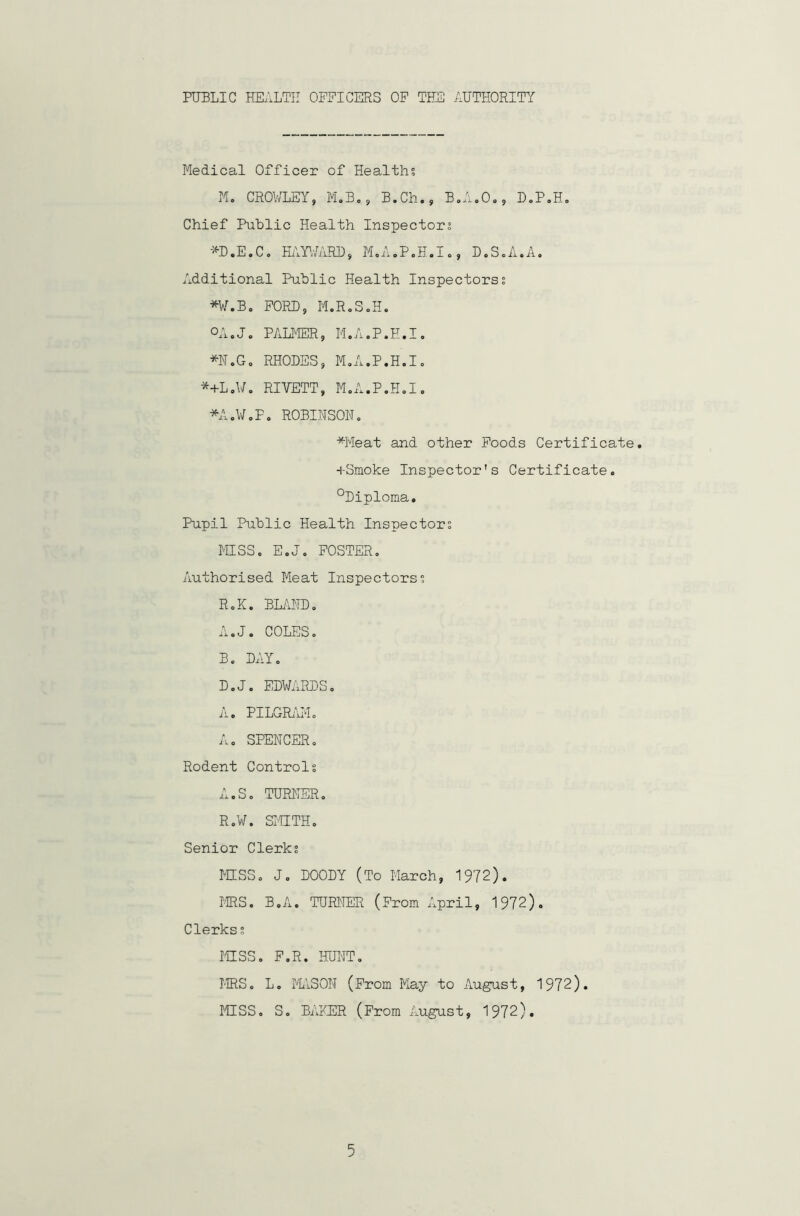PUBLIC HEALTH OFFICERS OF THE AUTHORITY Medical Officer of Healths M. CROWLEY, M.B,, B.Ch., B.A.O., D.P.H. Chief Public Health Inspectors *D.E.C. HAYWARD, M.A.P.H.I., D.S.A.A. Additional Public Health Inspectorss *W.Bo FORD, M.R.S.H. °A.J. PALMER, M.A.P.H.I. *N.G. RHODES, M.A.P.H.I. *+L,W. RIVETT, M.A.P.H.I. *A.W.P. ROBINSON. *Meat and other Foods Certificate. +Smoke Inspector's Certificate. °Diploma. Pupil Public Health Inspectors MISS. E.J. FOSTER. Authorised Meat Inspectors? R.K. BLAND. A. J. COLES. B. DAY. D.J. EDWARDS. A. PILGRAM. A. SPENCER. Rodent Controls A.S. TURNER. R.W. SMITH. Senior Clerks MISS. J. DOODY (To March, 1972). MRS. B.A. TURNER (From April, 1972). Clerkss MESS. F.R. HUNT. MRS. L. MASON (From May to August, 1972). MISS. S. BAKER (From August, 1972).