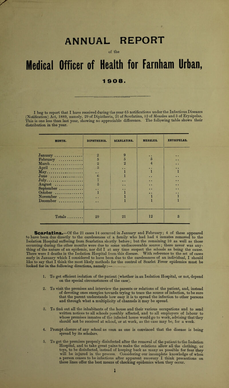 ANNUAL REPORT of the Medical Officer of Health for Farnham Urban, 1 908. I beg to report that I have received during the year 65 notifications under the Infectious Diseases (Notification) Act, 1889, namely, 29 of Diphtheria, 21 of Scarlatina, 12 of Measles and 3 of Erysipelas. This is one less than last year, showing no appreciable difference. The follpwing table shows their distribution in the year. MONTH. DIPHTHERIA. SCARLATINA. MEASLES. ERYSIPELAS. January 2 9 February 5 5 5 March 2 2 4 April 3 • . • . May « . 1 1 i June 6 1 • • July 7 , . . • August 3 • • . . September » . • • . . October 1 1 • • November 1 1 i December • • 1 1 1 Totals 29 21 12 3 Sca.l*la.tina.>—Of the 21 cases 14 occurred in January and February; 4 of these appeared to have been due directly to the carelessness of a family who had had 4 inmates removed to the Isolation Hospital suffering from Scarlatina shortly before; but the remaining 10 as well as those occurring during the other months were due to some undiscoverable source ; there never was any- thing of the nature of an epidemic, nor did I at any time suspect the schools as being the cause. There were 3 deaths in the Isolation Hospital from this disease. With reference to the set of cases early in January which I considered to have been due to the carelessness of an individual, I should like to say that I think the most likely methods for the control of Scarlet Fever epidemics must be looked for in the following directions, namely:— 1. To get efficient isolation of the patient (whether in an Isolation Hospital, or not, depend on the special circumstances of the case). 2, To visit the premises and interview the parents or relations of the patient, and, instead of devoting ones energies towards trying to trace the source of infection, to be sure that the parent understands how easy it is to spread the infection to other persons and through what a multiplicity of channels it may be spread. 8. To find out all the inhabitants of the house and their various occupations and to send written notices to all schools possibly affected, and to all employers of labour to whose premises inmates of the infected house would go to wmrk, advising that they should not be received at school, or at work, as the case may be, for a week. 4. Prompt closure of any school as soon as one is convinced that the disease is being .spread by its scholars. 5. To get the premises properly disinfected after the removal of the patient to the Isolation Hospital, and to take gi’eat pains to make the relations allow all the clothing, or toys, to be disinfected, instead of keeping back as many as possible for fear they will be injured in the process. Considering our incomplete knowledge of when a person ceases to be infectious after apparent recovery I think precautions on these lines offer the best means of checking epidemics when they occur.