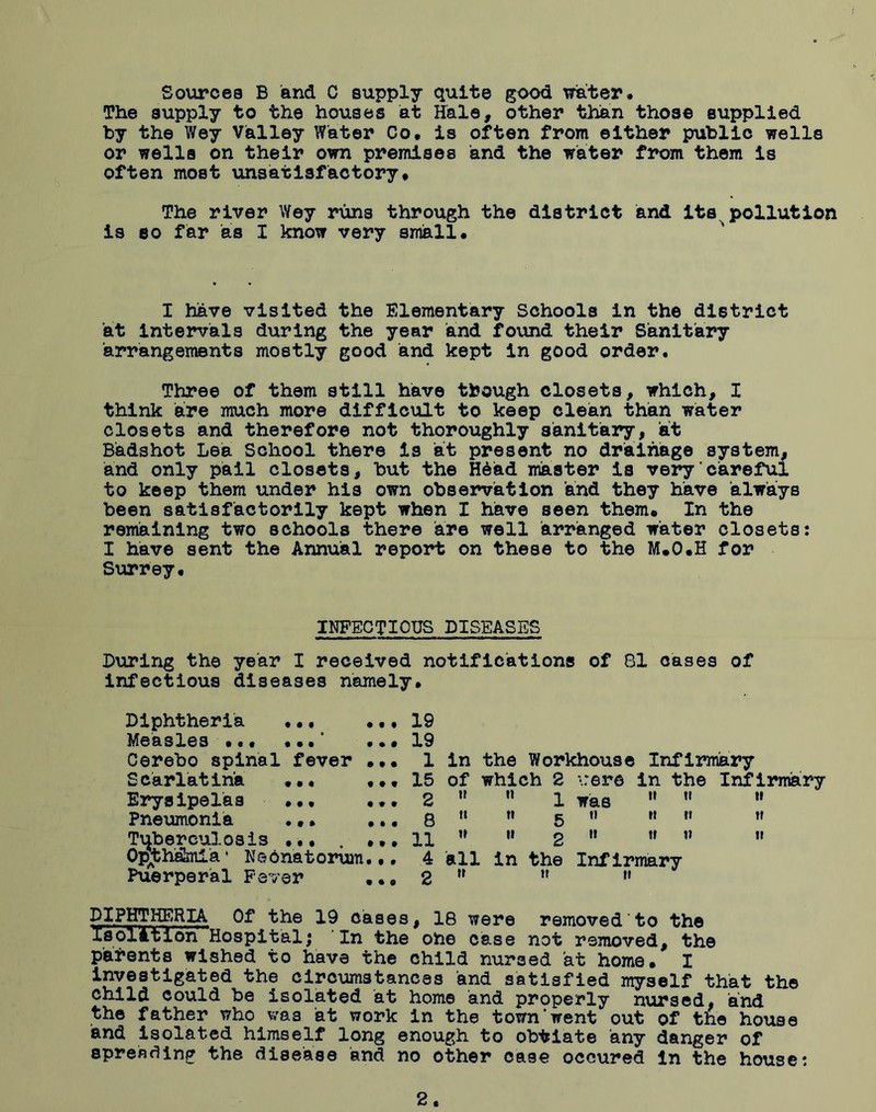 Sources B and C supply quite good water. The supply to the houses at Hale, other than those supplied by the Wey Valley Water Co, is often from either public wells or wells on their own premises and the water from them is often most unsatisfactory* The river Wey runs through the district and its pollution is so far as I know very small* I have visited the Elementary Schools in the district at intervals during the year and found their Sanitary arrangements mostly good and kept in good order. Three of them still have though closets, which, I think are much more difficult to keep clean than water closets and therefore not thoroughly sanitary, at Badshot Lea School there is at present no drainage system, and only pail closets, but the H6ad master is very careful to keep them under his own observation and they have always been satisfactorily kept when I have seen them. In the remaining two schools there are well arranged water closets: I have sent the Annual report on these to the M.O.H for Surrey* INFECTIOUS DISEASES During the year I received notifications of 81 cases of infectious diseases namely* Diphtheria * * * ..• 19 Measles ••• ... ..• 19 Cerebo spinal fever ••• 1 in the Workhouse Infirmary Scarlatina *** ... 15 of which 2 \:ere in the Infirmary Erysipelas ... ... 2  n 1 was H M ** Pneumonia ... ... 8   5 ” M n n Tuberculosis 11 w '* 2 M ,f w 11 Ophthalmia* Neonatorum... 4 all in the Infirmary Puerperal Fever ... 2 ,r M » DIPHTHERIA Of the 19 cases, 18 were removed to the IsoldtIon Hospital; In the one case not removed, the parents wished to have the child nursed at home. I investigated the circumstances and satisfied myself that the child could be isolated at home and properly nursed, and the father who was at work in the town'went out of the house and isolated himself long enough to obtiate any danger of spreading the disease and no other case occured in the house: 2