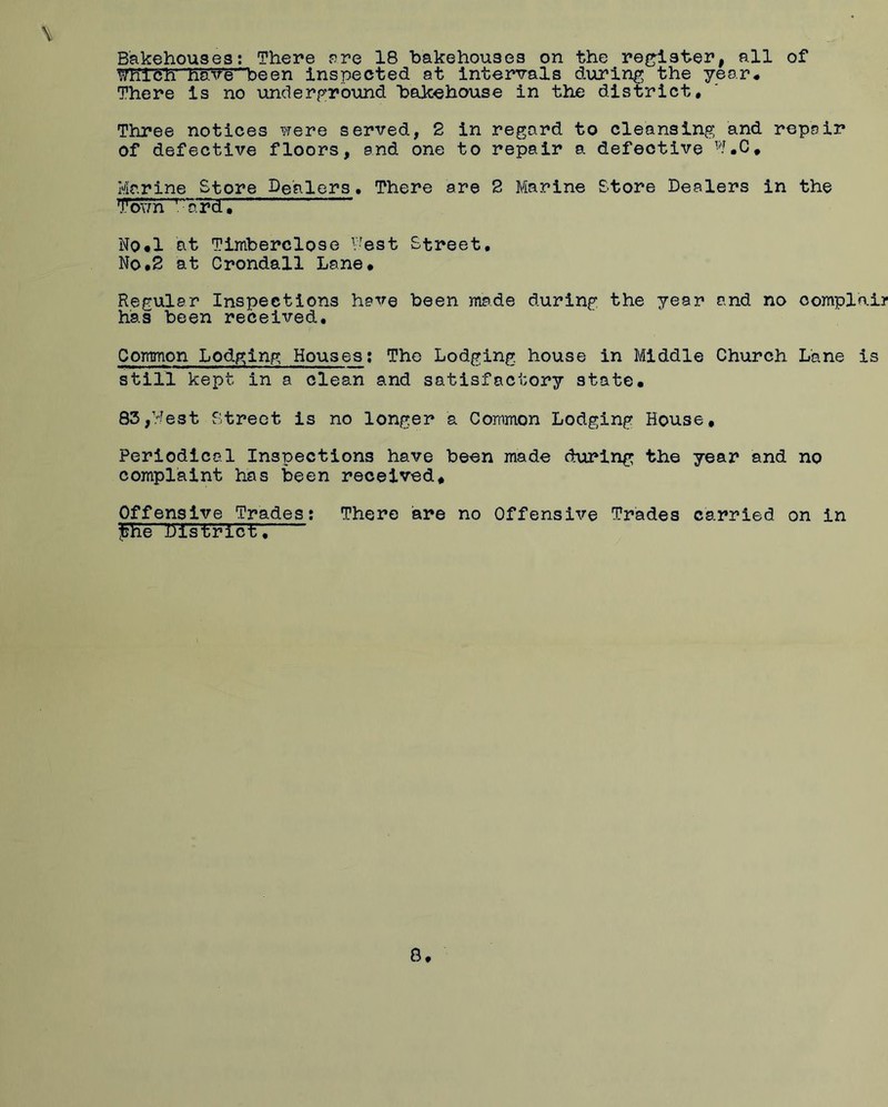 Which1 'EsW“been inspected at intervals during the year* There is no underground bakehouse in the district. Three notices were served, 2 in regard to cleansing and repair of defective floors, and one to repair a defective W.C* Marine Store Dealers. There are 2 Marine Store Dealers in the Town 15~rdl Nq«1 at Timberclose West Street. No,2 at Crondall Lane* Regular Inspections have been made during the year and no oomplni? has been received. Common Lodging Houses: The Lodging house in Middle Church Lane is still kept in a clean and satisfactory state. 83,West Street is no longer a Common Lodging House, Periodical Inspections have been made during the year and no complaint has been received* Offensive Trades: There are no Offensive Trades carried on in $he District, 8.
