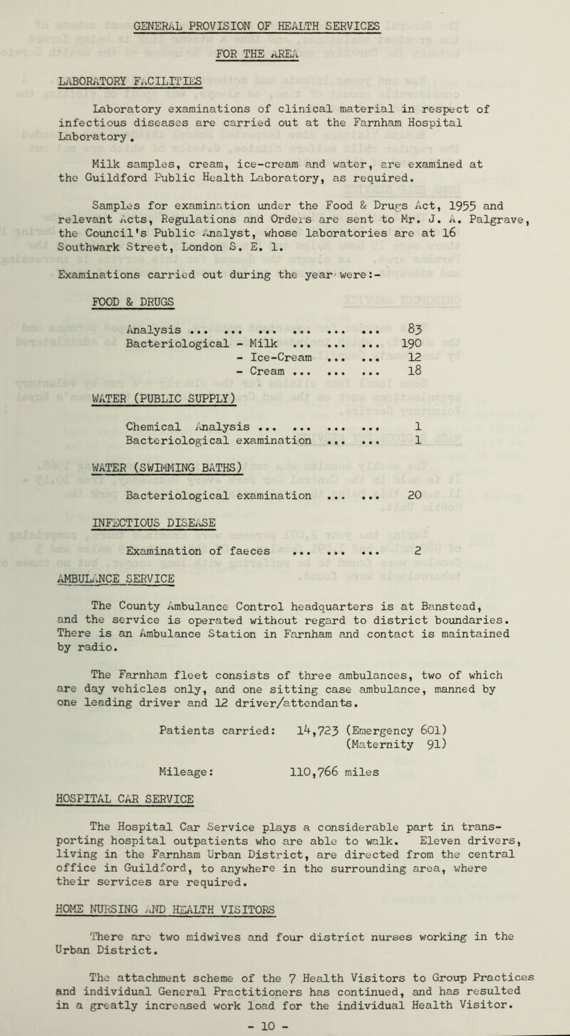 GENERAL PROVISION OF HEALTH SERVICES FOR THE aREi^i LilBORiiTORY FiiCILITIES Laboratory examinations of clinical material in respect of infectious diseases are carried out at the Farnham Hospital Laboratory. Milk samples, cream, ice-cream and water, are examined at the Guildford Public Health Laboratory, as required. Samples for examination under the Food & Drug’s Act, 1955 and relevant Acts, Regulations and Ordei'S are sent to Mr. J. A. Palgrave, the Council’s Public i'jialyst, whose laboratories are at l6 Southwark Street, London S. E. 1. Examinations carried out during the year-were FOOD & DRUGS Analysis ... 83 Bacteriological - Milk I90 - Ice-Cream 12 - Cream 18 WATER (PUBLIC SUPPLY) Chemical iuialysis 1 Bacteriological examination 1 WATER (SWII#1ING BATHS) Bacteriological examination 20 INFECTIOUS DISEASE Examination of faeces 2 AMBULiiNCE SERVICE The County Ambulance Control headquarters is at Ba.nstead, and the service is operated without regard to district bovindaries. There is an Ambulance Station in Farnham and contact is maintained by radio. The Farnham fleet consists of three ambulances, two of which are day vehicles only, and one sitting case ambulance, manned by one leading driver and 12 driver/attendants. Patients carried: 14,723 (Emergency 601) (Maternity 91) Mileage: 110,766 miles HOSPITAL CAR SERVICE The Hospital Car Service plays a considerable part in trans- porting hospital outpatients who are able to walk. Eleven drivers, living in the Farnham Urban District, are directed from the central office in Guildford, to anywhere in the surrounding area, v^here their services are required. HOIiS NUI^ING X.ND HEALTH VISITORS There are two midwives and four district nurses working in the Urban District. The attachment scheme of the 7 Health Visitors to Group Practices and individual General Practitioners has continued, and has resulted in a greatly increased work load for the individual Health Visitor.