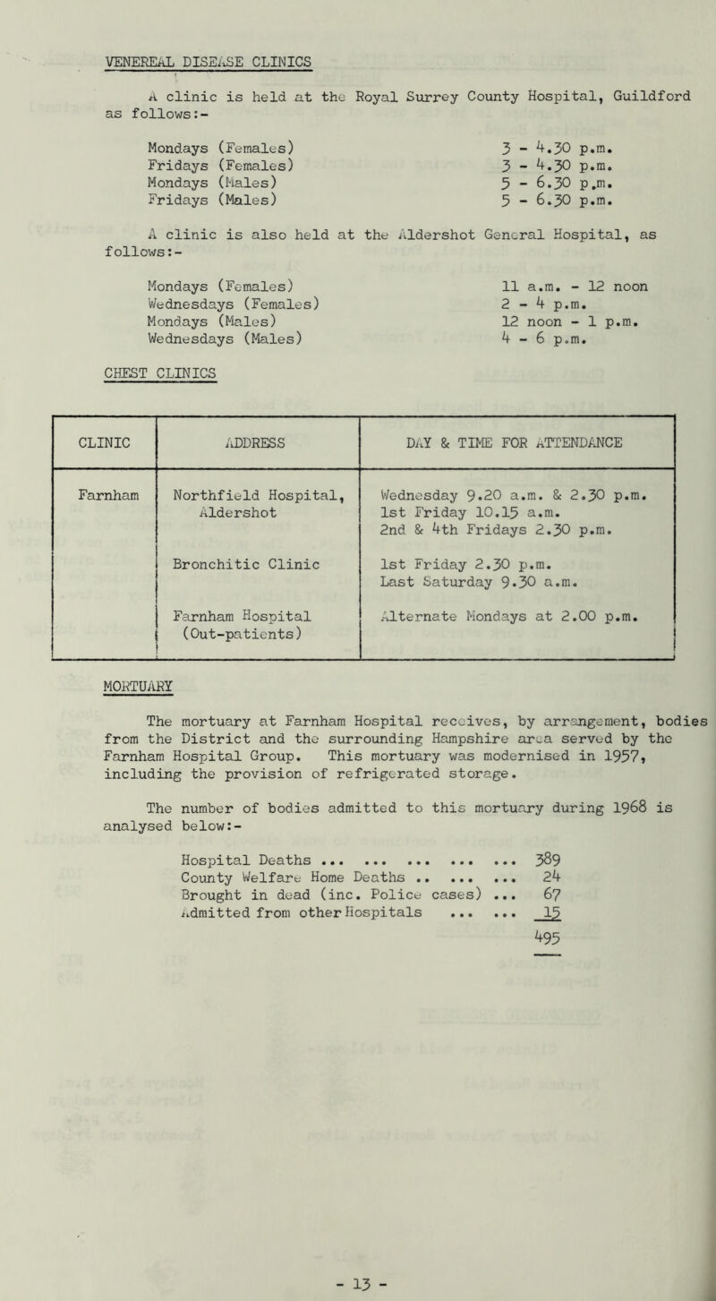 VENEREAL DISE/^SE CLINICS A clinic is held at the Royal Surrey County Hospital, Guildford as follows Mondays (Females) Fridays (Females) Mondays (Males) Fridays (Males) 3 - ^.30 p.m. 3 - 4.30 p.m, 3 - 6.30 p.m. 5 - 6.30 p.m. A clinic is also held at the Aldershot General Hospital, as follows Mondays (Females) V/ednesdays (Females) Mondays (Males) Wednesdays (Males) CHEST CLINICS 11 a.m. - 12 noon 2-4 p.m. 12 noon - 1 p.m.. 4-6 p.m. CLINIC ADDRESS DAY & TIME FOR ATTEND/vNCE Farnham Northfield Hospital, Aldershot Wednesday 9*20 a.m, & 2.30 p.m, 1st Friday 10.15 a.m. 2nd & 4th Fridays 2.30 p.m. Bronchitic Clinic 1st Friday 2.30 p.m. Last Saturday 9*30 a.m. Farnham Hospital (Out-patients) /ilternate Mondays at 2.00 p.m. ‘ MORTUARY The mortuary at Farnham Hospital receives, by arrangement, bodies from the District and the surrounding Hampshire area served by the Farnham Hospital Group. This mortuary was modernised in 1957» including the provision of refrigerated storage. The number of bodies admitted to this mortuary during I968 is analysed below:- 389 24 67 495 Hospital Deaths County Vi/elfare Home Deaths Brought in dead (inc. Police cases) ... i.draitted from other Hospitals - 15 - i