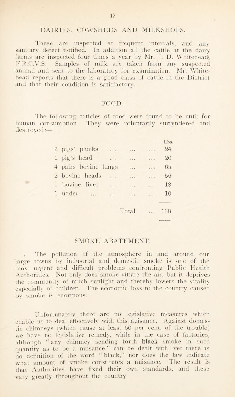 DAIRIES, COWSHEDS AND MILKSHOPS. These are inspected at frequent intervals, and any sanitary defect notified. In addition all the cattle at the dairy farms are inspected four times a year by Mr. J. D. Whitehead;, F.R.C.V.S. Samples of milk are taken from any suspected animal and sent to the laboratory for examination. Mr. White- head reports that there is a good class of cattle in the District and that their condition is satisfactory. FOOD. The following articles of food were found to be unfit for human consumption. They were voluntarily surrendered and destroyed:— Lbs. pigs’ plucks 24 pig’s head 20 pairs bovine lungs 65 bovine heads 56 bovine liver ... 13 udder ... 10 Total ... 188 SMOKE ABATEMENT. The pollution of the atmosphere in and around our large towns by industrial and domestic smoke is one of the most urgent and difficult problems confronting Public Health Authorities. Not only does smoke vitiate the air, but it deprives the community of much sunlight and thereby lowers the vitality especially of children. The economic loss to the country caused by smoke is enormous. Unfortunately there are no legislative measures which enable us to deal effectively with this nuisance. Against domes- tic chimneys (which cause at least 50 per cent, of the trouble) we have no legislative remedy, while in the case of factories, although “ any chimney sending forth black smoke in such quantity as to be a nuisance ” can be dealt with, yet there is no definition of the word “ black,” nor does the law indicate what amount of smoke constitutes a nuisance. The result is that Authorities have fixed their own standards, and these vary greatly throughout the country.