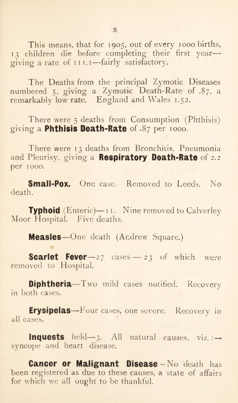 Th is means, that for 1905, out of every 1000 births, 13 children die before completing their first year- giving a rate of 111.1—fairly satisfactory. The Deaths from the principal Zymotic Diseases numbered 5, giving a Zymotic Death-Rate of .87, a remarkably low rate. England and Wales 1.52. There were 5 deaths from Consumption (Phthisis) giving a Phthisis Death-Rate of .87 per 1000. There were 13 deaths from Bronchitis, Pneumonia and Pleurisy, giving a Respiratory Death-Rate of 2.2 per 1000. Small-Pox. One case. Removed to Leeds. No death. Typhoid (Enteric)— 11. Nine removed to Calverley Moor Hospital. Five deaths. Measles—-One death (Andrew Square.) Soarlet Fever—27 cases—23 of which were removed to Hospital. Diphtheria—Two mild cases notified. Recovery in both cases. Erysipelas—Four eases, one severe. Recovery in all cases. Inquests held—3. All natural causes, viz. : — syncope and heart disease. Cancer or Malignant Disease-No death has been registered as due to these causes, a state of affairs for which we all ought to be thankful.