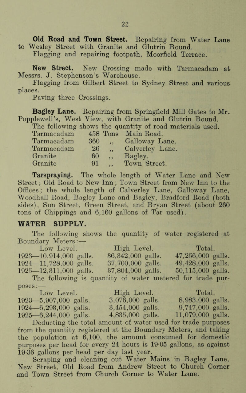 Old Road and Town Street. Repairing from Water Lane to Wesley Street with Granite and Glutrin Bound. Flagging and repairing footpath, Moorfield Terrace. New Street. New Crossing made with Tarmacadam at Messrs. J. Stephenson’s Warehouse. Flagging from Gilbert Street to Sydney Street and various places. Paving three Crossings. Bagley Lane. Repairing from Springfield Mill Gates to Mr. Popplewell’s, West View, with Granite and Glutrin Bound. The following shows the quantity of road materials used. Tarmacadam 458 Tons Main Road. Tarmacadam 360 ,, Galloway Lane. Tarmacadam 26 „ Calverley Lane, Granite 60 ,, Bagley. Granite 91 „ Town Street. Tarspraying. The whole length of Water Lane and New Street; Old Road to New Inn; Town Street from New Inn to the Offices; the whole length of Calverley Lane, Galloway Lane, Woodhall Road, Bagley Lane and Bagley, Bradford Road (both sides), Sun Street, Green Street, and Bryan Street (about 260 tons of Chippings and 6,160 gallons of Tar used). Low Level. 1923— 10,914,000 galls. 1924— 11,728,000 galls. 1925— 12,311,000 galls. WATER SUPPLY. The following shows the quantity of water registered at Boundary Meters:— High Level. 36.342.000 galls. 37.700.000 galls. 37.804.000 galls. The following is quantity of water metered for trade pur- poses :— Low Level. High Level. 1923— 5,907,000 galls. 3,076,000 galls. 1924— 6,293,000 galls. 3,454,000 galls. 1925— 6,244,000 galls. 4,835,000 galls. Deducting the total amount of water used for trade purposes from the quantity registered at the Boundary Meters, and taking the population at 6,100, the amount consumed for domestic purposes per head for every 24 hours is 19-05 gallons, as against 19-36 gallons per head per day last year. Scraping and cleaning out Water Mains in Bagley Lane, New Street, Old Road from Andrew Street to Church Corner and Town Street from Church Corner to Water Lane. Total. 47.256.000 galls. 49.428.000 galls. 50.115.000 galls. Total. 8.983.000 galls. 9.747.000 galls. 11,079,000 galls.