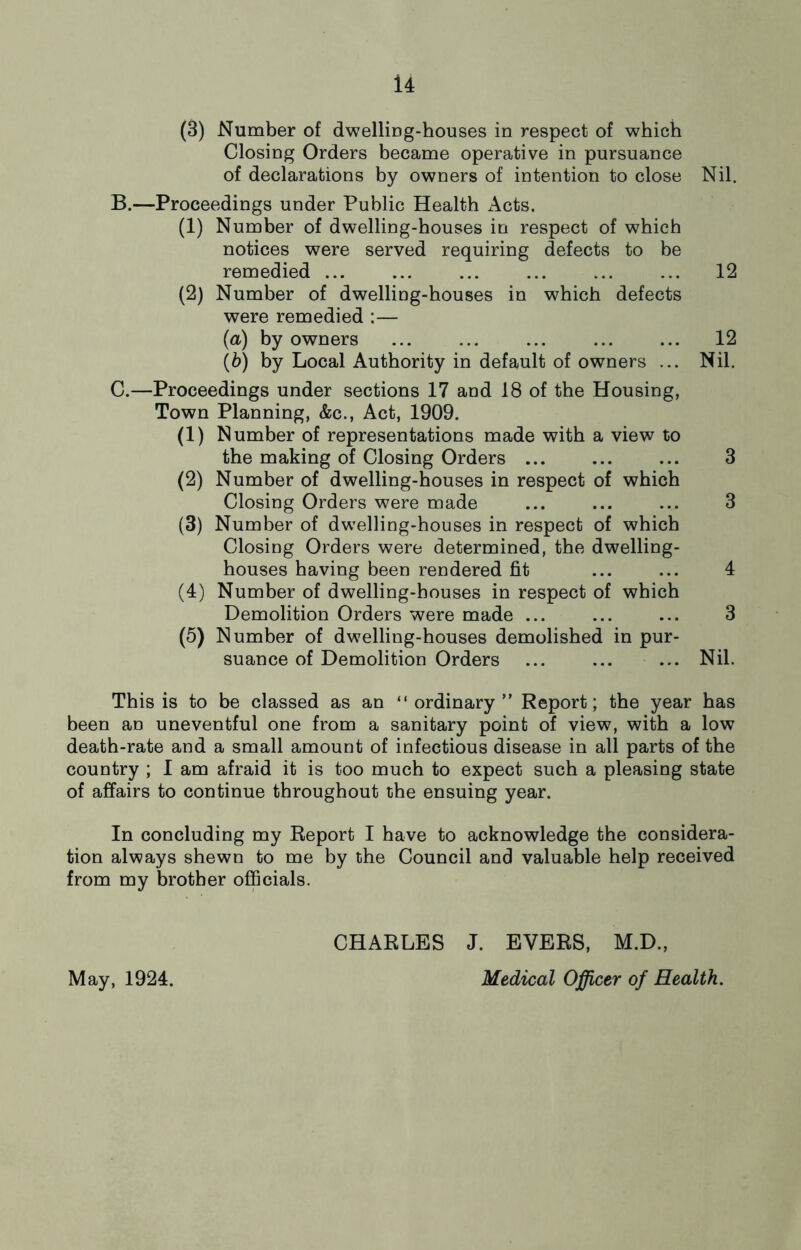 (3) Number of dwelliog-houses in respect of which Closing Orders became operative in pursuance of declarations by owners of intention to close Nil. B. —Proceedings under Public Health Acts. (1) Number of dwelling-houses in respect of which notices were served requiring defects to be remedied ... ... ... ... ... ... 12 (2) Number of dwelling-houses in which defects were remedied :— (а) by owners ... ... ... 12 (б) by Local Authority in default of owners ... Nil. C. —Proceedings under sections 17 and 18 of the Housing, Town Planning, &c.. Act, 1909. (1) Number of representations made with a view to the making of Closing Orders ... ... ... 3 (2) Number of dwelling-houses in respect of which Closing Orders were made ... ... ... 3 (3) Number of dwelling-houses in respect of which Closing Orders were determined, the dwelling- houses having been rendered fit ... ... 4 (4) Number of dwelling-houses in respect of which Demolition Orders were made ... ... ... 3 (5) Number of dwelling-houses demolished in pur- suance of Demolition Orders ... ... ... Nil. This is to be classed as an “ordinary” Report; the year has been an uneventful one from a sanitary point of view, with a low death-rate and a small amount of infectious disease in all parts of the country ; I am afraid it is too much to expect such a pleasing state of affairs to continue throughout the ensuing year. In concluding my Report I have to acknowledge the considera- tion always shewn to me by the Council and valuable help received from my brother officials. CHARLES J. EVERS, M.D., Medical Officer of Health. May, 1924.