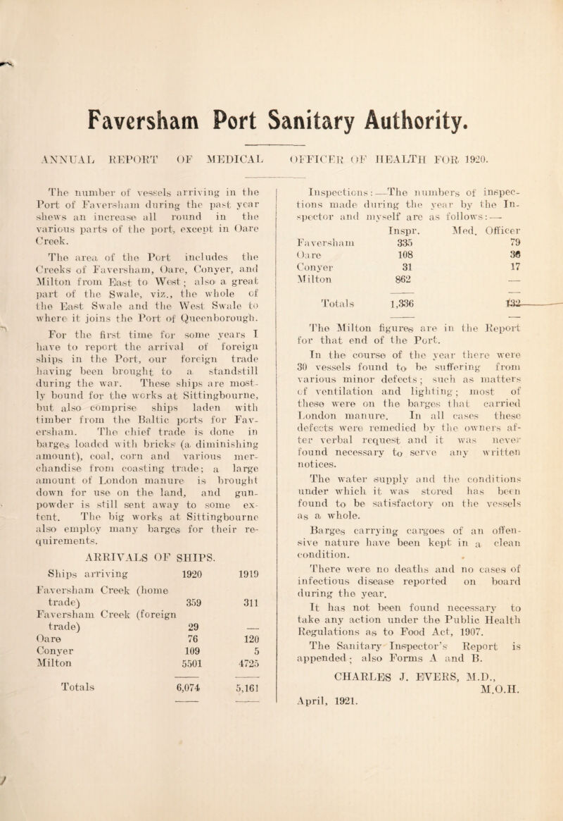 Favcrshatn Port Sanitary Authority. ANNUAL IIEPOKT OF AIEDICAI- OFFICEOC^ HEALTH FOR 1920. 'I'lie luimbor of voS'KoL arriving in tlie Fort of Faveroiiain during the pa^t year slion^; an increaso all round in the various paits of the port, except in Oarc (2 reek. The area of the. Port includes the Creeks of Favershain, Oare, Conyer, and iMilton from Elast to West; also' a great ])art of the Swale, viz., the whole of the East Swale and the West Swale to where it joins the Port of Qneenborongh. For the first time for some 3^ears I have to report the arrival of foreign ships in the Port, oiir foreign trade having been bronght to a. standstill during the war. These ships are most- ly bound for tho works at Sittingbourne, but also comprise shii3S laden witli timber from the Haltic ports for Fav- ersham. The cliief trade is done iu barges, loaded with bricks (a diminishing amount), coal, corn and various mer- chandise from coasting trade; a large amount of London manure is brought dowm for use on the land, and gun- powder is still sent away to some ex- tent. The big works at Sittingbourne also employ many barges, for their re- eiuirements. ARRIVALS OF SHIPS. Ships airiving 1920 1919 Faversham Creek (home trade) 359 311 Faversham Creek (foreign trade) 29 — Care 76 120 Conyer 109 5 Alilton 5501 4725 Totals 6,074 5,16! Inspections:—The numbers of inspec- tions made dining the year by the In- spector and myself arc as follows:-—- Faversham Tnspr. 335 Aled. Officer 79 ()are 108 3» Conyer 31 17 Milton 862 — Totals 1,336 432- ddie JMilton figures are in the Kepoif for that end of the Port. In the course of the year there were 30 vessels found to he suffering from various minor defects; such as matters t;f ventilation and lighting; most of these were on the barges that carried London manure. In all cases these defects ■were remedied by the owners af- ter verbal request and it was never found necessary to serve any written notices. The water supply and the conditions under which it was stored has been found to be satisfactory on the vessels as a whole. Barges carrying cargoes of an offen- sive nature have been kept in a clean <-ondition. 'There were no deaths and no cases of infectious disease reported on board during tho year. It has not been found necessary to take any action under the Public Health Regulations as to Food Act, 1907. The Sanitary Inspector’s Report is appended; also Forms A and B. CHARLES J. EVERS, M.D., M.O.H. -April, 1921.