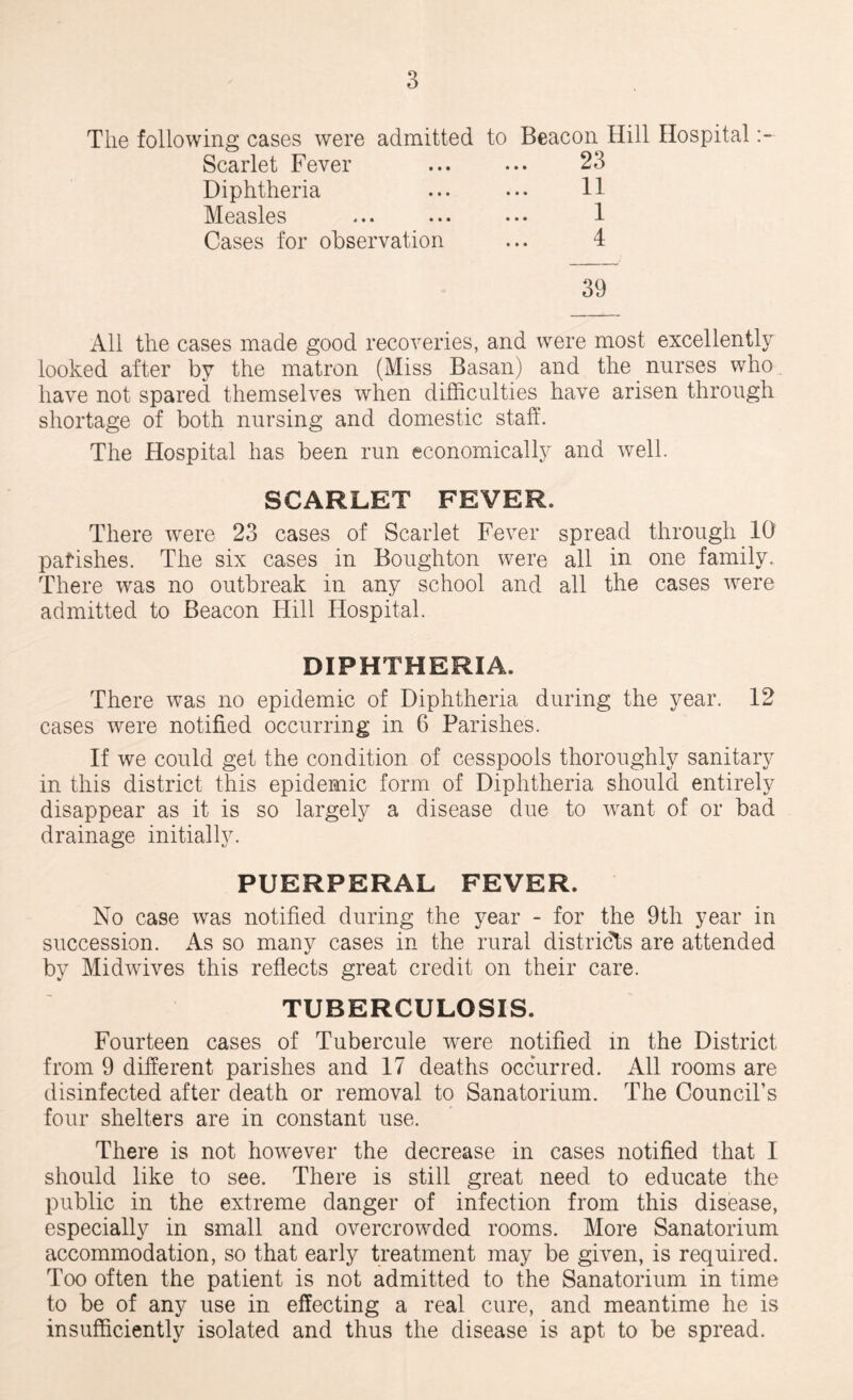 The following cases were admitted to Beacon Hill Hospital Scarlet Fever ... ... 23 Diphtheria ... ... H Measles ... ... ... 1 Cases for observation ... 4 39 All the cases made good recoveries, and were most excellently looked after by the matron (Miss Basan) and the nurses who have not spared themselves when difficulties have arisen through shortage of both nursing and domestic staff. The Hospital has been run economically and well. SCARLET FEVER. There were 23 cases of Scarlet Fever spread through 10 parishes. The six cases in Bough ton were all in one family. There was no outbreak in any school and all the cases were admitted to Beacon Hill Hospital. DIPHTHERIA. There was no epidemic of Diphtheria during the year. 12 cases were notified occurring in 6 Parishes. If we could get the condition of cesspools thoroughly sanitary in this district this epidemic form of Diphtheria should entirely disappear as it is so largely a disease due to want of or bad drainage initially. PUERPERAL FEVER. No case was notified during the year - for the 9th year in succession. As so many cases in the rural districts are attended by Midwives this reflects great credit on their care. TUBERCULOSIS. Fourteen cases of Tubercule were notified in the District from 9 different parishes and 17 deaths occurred. All rooms are disinfected after death or removal to Sanatorium. The Council's four shelters are in constant use. There is not however the decrease in cases notified that I should like to see. There is still great need to educate the public in the extreme danger of infection from this disease, especially in small and overcrowded rooms. More Sanatorium accommodation, so that early treatment may be given, is required. Too often the patient is not admitted to the Sanatorium in time to be of any use in effecting a real cure, and meantime he is insufficiently isolated and thus the disease is apt to be spread.