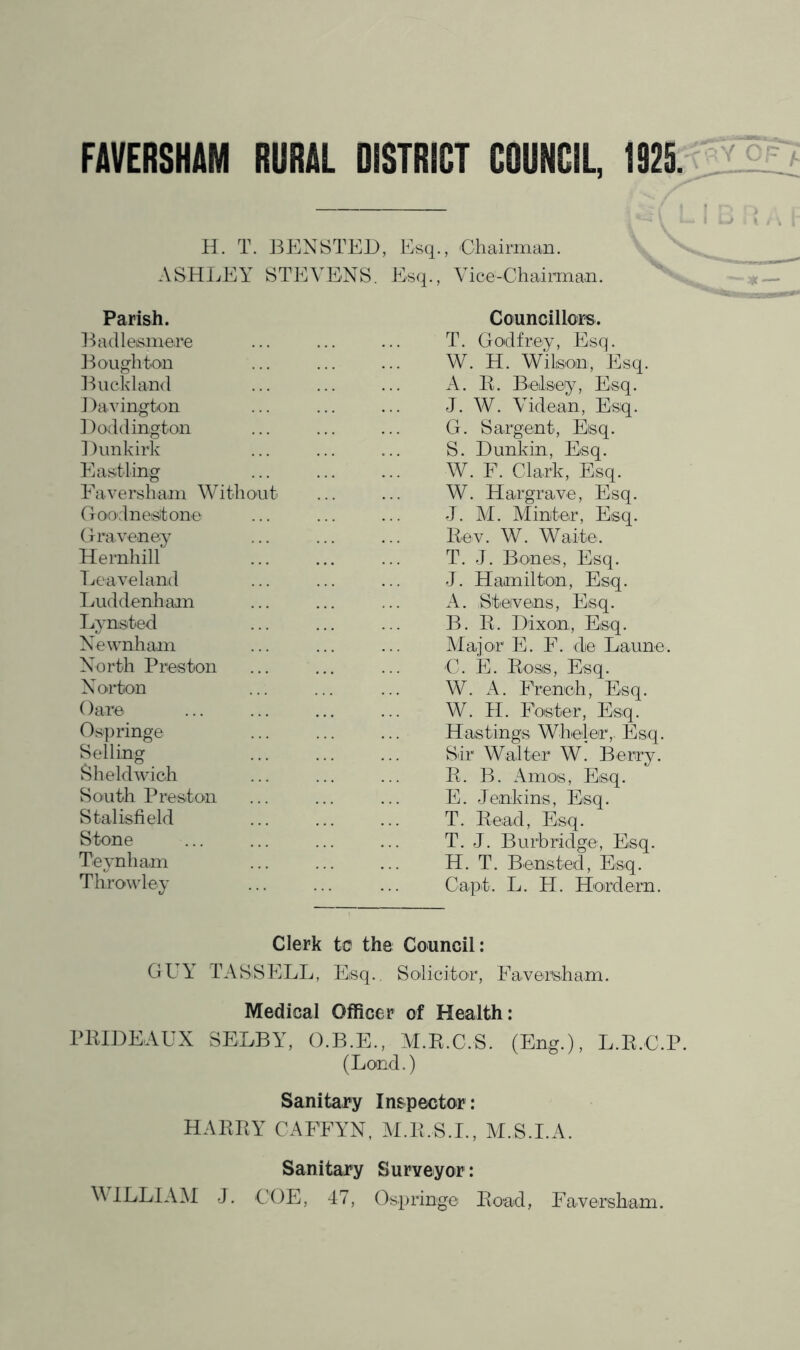 FAVERSHAM RURAL DISTRICT COUNCIL, H. T. BENSTED, Esq., OhairmcUi. ASHLEY STEVENS. Esq., Vice-Chairman. Parish. Councillors. Badlesinere T. Godfrey, Esq. Bough ton W. H. Wilson, Esq. IPichland A. P. Betsey, Esq. J )a vington J. W. Vide an. Esq. Haddington G. Sargent, Esq. ] )iinkirk S. Hunkin, Esq. Eastling W. F. Clark, Esq. Faversham Without W. Hargrave, Esq. Goodnestone J. AI. Minter, Esq. Gra veney Pev. W. Waite. Hernhill T. J. Bones, Esq. Leaveland J. Hamilton, Esq. Luddenham A. Stevens, Esq. Lynsted B. P. Dixon, Esq. Newnham Alajor E. F. de Laune. North Preston C. E. Poss, Esq. Norton W. A. French, Esq. Oare W. H. Foster, Esq. Ospringe Hastings Wheler, Esq. Selling Sir Walter W. Berry. Sheldwich R. B. Amos, Esq. South Preston E. Jenkins, Esq. Stalisfield T. Read, Esq. Stone T. J. Burbridge, Esq. Teynham H. T. Bensted, Esq. Throwley Capt. L. H. Hordern. Clerk tc the Council: GUY TASSELL, Eisq.. Solicitor, Faversham. Medical Officer of Health: PIHDEAUX SELBY, O.B.E., VI.R.C.S. (Eng.), L.R.C.P. (Lond.) Sanitary Ins^pector: HAPPY CAFFYN, M.P.S.I., M.S.I.A. Sanitary Surveyor: ^^ILL1AM J. COE, 47, Ospringe Poad, Faversham.