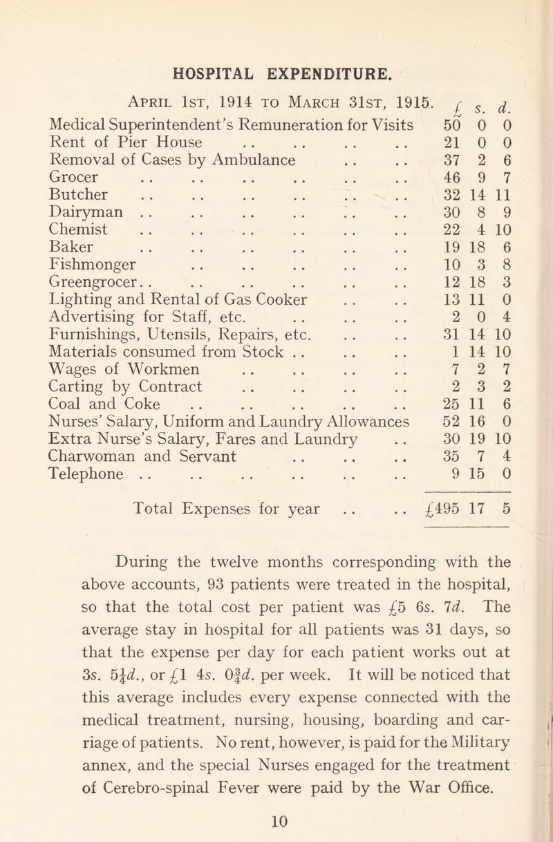 HOSPITAL EXPENDITURE. April 1st, 1914 to March 31st, 1915. r s. d. Medical Superintendent’s Remuneration for Visits 50 0 0 Rent of Pier House 21 0 0 Removal of Cases by Ambulance 37 2 6 Grocer 46 9 7 Butcher 32 14 11 Dairyman . . 30 8 9 Chemist 22 4 10 Baker 19 18 6 Fishmonger 10 3 8 Greengrocer. . 12 18 3 Lighting and Rental of Gas Cooker 13 11 0 Advertising for Staff, etc. 2 0 4 Furnishings, Utensils, Repairs, etc. 31 14 10 Materials consumed from Stock .. 1 14 10 Wages of Workmen 7 2 7 Carting by Contract 2 3 2 Coal and Coke 25 11 6 Nurses’ Salary, Uniform and Laundry Allowances Extra Nurse’s Salary, Fares and Laundry 52 16 0 30 19 10 Charwoman and Servant 35 7 4 Telephone .. 9 15 0 Total Expenses for year £495 17 5 During the twelve months corresponding with the above accounts, 93 patients were treated in the hospital, so that the total cost per patient was £5 6s. Id. The average stay in hospital for all patients was 31 days, so that the expense per day for each patient works out at 3s. b\d., or £1 4s. O^d. per week. It will be noticed that this average includes every expense connected with the medical treatment, nursing, housing, boarding and car- riage of patients. No rent, however, is paid for the Military annex, and the special Nurses engaged for the treatment of Cerebro-spinal Fever were paid by the War Office.