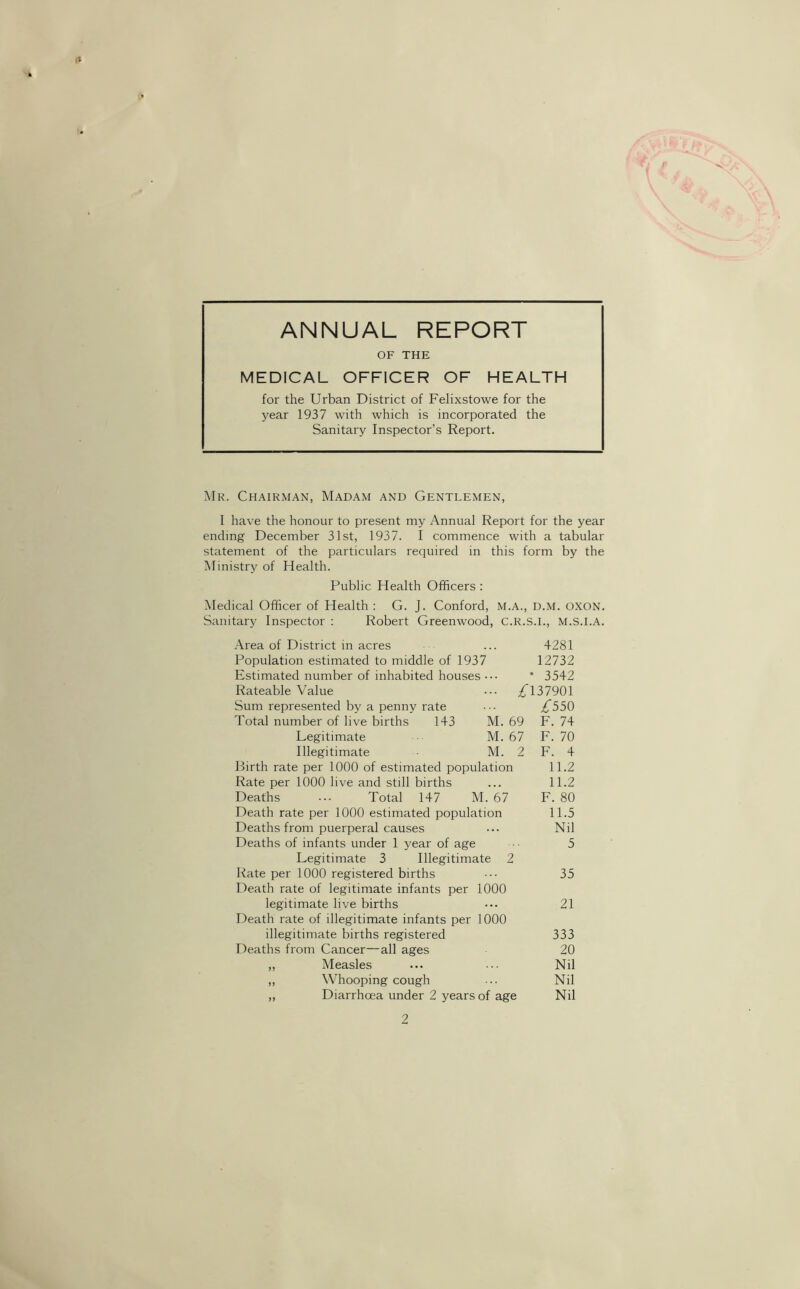 ANNUAL REPORT OF THE MEDICAL OFFICER OF HEALTH for the Urban District of Felixstowe for the year 1937 with which is incorporated the Sanitary Inspector’s Report. Mr. Chairman, Madam and Gentlemen, I have the honour to present my Annual Report for the year ending December 31st, 1937. I commence with a tabular statement of the particulars required in this form by the Ministry of Health. Public Health Officers : Medical Officer of Health : G. J. Conford, M.A., D.M. OXON. Sanitary Inspector : Robert Greenwood, C.R.S.I., M.S.I.A. Area of District in acres ... 4281 Population estimated to middle of 1937 12732 Estimated number of inhabited houses ••• * 3542 Rateable Value ... /137901 Sum represented by a penny rate £550 Total number of live births 143 M. 69 F. 74 Legitimate M. 67 F. 70 Illegitimate M. 2 F. 4 Birth rate per 1000 of estimated population 11.2 Rate per 1000 live and still births ... 11.2 Deaths ... Total 147 M. 67 F. 80 Death rate per 1000 estimated population 11.5 Deaths from puerperal causes ••• Nil Deaths of infants under 1 year of age ■ 5 Legitimate 3 Illegitimate 2 Rate per 1000 registered births 35 Death rate of legitimate infants per 1000 legitimate live births ••• 21 Death rate of illegitimate infants per 1000 illegitimate births registered 333 Deaths from Cancer—all ages 20 „ Measles ... Nil „ Whooping cough ... Nil ,, Diarrhoea under 2 years of age Nil 2