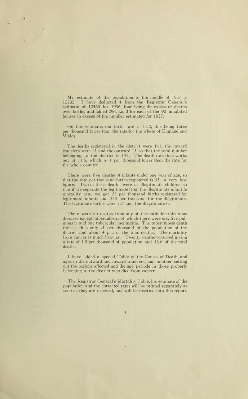 My estimate of the population to the middle of 1937 is 12732. I have deducted 4 from the Registrar General’s estimate of 12460 for 1936, four being the excess of deaths over births, and added 296, i.e. 3 for each of the 92 inhabited houses in excess of the number estimated for 1937. On this estimate, our birth rate is 11.2, this being three per thousand lower than the rate for the whole of England and Wales. The deaths registered in the district were 141, the inward transfers were 21 and the outward 15, so that the total number belonging to the district is 147. The death rate thus works out at 11.5, which is 1 per thousand lower than the rate for the whole country. There were five deaths of infants under one year of age, so that the rate per thousand births registered is 35—a very low figure. Two of these deaths were of illegitimate children so that if we separate the legitimate from the illegitimate infantile mortality rate, we get 21 per thousand births registered for legitimate infants and 333 per thousand for the illegitimate. The legitimate births were 137 and the illegitimate 6. There were no deaths from any of the notifiable infectious diseases except tuberculosis, of which there were six, five pul- monary and one tubercular meningitis. The tuberculosis death rate is- thus only .4 per thousand of the population of the district and about 4 p.c. of the total deaths. The mortality from cancer is much heavier. Twenty deaths occurred giving a rate of 1.5 per thousand of population and 13.6 of the total deaths. I have added a special Table of the Causes of Death, and ages in the outward and inward transfers, and another setting out the regions affected and the age periods in those properly belonging to the district who died from cancer. The Registrar General’s Mortality Table, his estimate of the population and the corrected rates will be printed separately as soon as they are received, and will be inserted into this report. 3