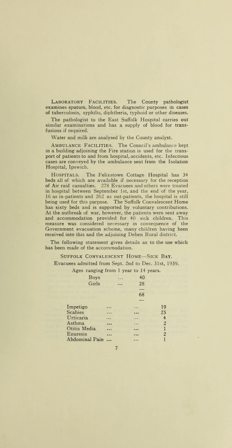 Laboratory Facilities. The County pathologist examines sputum, blood, etc. for diagnostic purposes in cases of tuberculosis, syphilis, diphtheria, typhoid or other diseases. The pathologist to the East Suffolk Hospital carries out similar examinations and has a supply of blood for trans- fusions if required. Water and milk are analysed by the County analyst. Ambulance Facilities. The Council’s ambulance kept in a building adjoining the Fire station is used for the trans- port of patients to and from hospital, accidents, etc. Infectious cases are conveyed by the ambulance sent from the Isolation Hospital, Ipswich. Hospitals. The Felixstowe Cottage Hospital has 34 beds all of which are available if necessary for the reception of Air raid casualties. 278 Evacuees and others were treated in hospital between September 1st, and the end of the year, 16 as in-patients and 262 as out-patients, the hospital is still being used for this purpose. The Suffolk Convalescent Home has sixty beds and is supported by voluntary contributions. At the outbreak of war, however, the patients were sent away and accommodation provided for 40 sick children. This measure was considered necessary in consequence of the Government evacuation scheme, many children having been received into this and the adjoining Deben Rural district. The following statement gives details as to the use which has been made of the accommodation. Suffolk Convalescent Home—Sick Bay. Evacuees admitted from Sept. 2nd to Dec. 31st, 1939. Ages ranging from 1 year to 14 years. Boys ... 40 Girls ... 28 68 Impetigo ... 19 Scabies ... ... 25 Urticaria ... ... 4 Asthma ... ... 2 Otitis Media ... ... 1 Enuresis ... ... 2 Abdominal Pain ... ... 1 7
