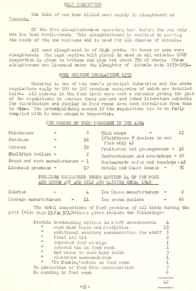 m.T INSEa^CTION The bulk of our homo killed meat supply is slaughtered at Ipsv/ich* Of the five slaughterhouses operating hero before the v/ar only one has been re-licensed* This slaughterhouse is confined to serving the needs of the one business and is used for all classes of animals* All raeat slaughtered is of high grade* No boars or sows were slaughtered* The cash captive bolt pistol is used on all aninals. 100^ inspection is given to bovines and pigs and about 75?o of sheep* Three slaughtermen are licensed under the Slaughter of Animals Acts 1933“* 1954* FOOD HIGIENE REGULATIONS 1955 Catering is one of the town*s principal industries and the above regulations apply to 200 to 250 premises categories of which are detailed belav* All persons in the food trade v/ere sent a circular giving the gist of the regulations in concise form; posters and other literature suitable for distribution and display in food rooms have been circulated from time to tinie* The principal tiling needed if the regulations are to be fully complied v/ith is more adequate inspection* THE NUlvIBER OF FOOD PREMSES IN THE AREA Bakehouses - 9 Butchers - l6 G-roccrs - 32 Shellfish boilers - 2 Sv/eet and rock manufacturers - 1 Licensed premises - 17 Fish shops - 12 (fishfryers 8 dealers in v/et fish only 4) Fruiterers and greengrocers - l6 Confectioners and sv/eetshops - 20 Restaurants cafes and teashops-49 Hotels and Guest houses - 70 PREiilSES REGISTERED UNDER SECTION 14 OF THE FOOD AND DRUGS ACT AND MILK AND DAIRIES REGS* 1949 Dairies - 4 loc Cream manufacturers - 2 Sausage manufacturers - 11 Ice cream dealers - 66 The tot3il inspections of food premises of all kinds during the year (vide page 15 )is 377*^0given include the following:- Provide handv/ashing notices in staff conveniences 4 ” wash hand basin and facilities 13 ” additional sanitary accommodation for staff 3 ” first aid kit 2 ” improved food storage 1 ** covered bin in food room 1 ” hot water to v/ash hand ba.sin 3 ’* cloalcroom accommodation 1 ” *No SoToking* notice in food room 1 Re protection of food from contamination 7 Re smoking in food room 6 42