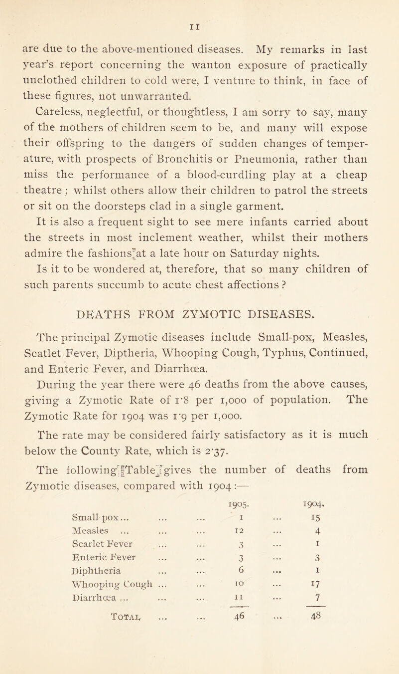 are due to the above-mentioned diseases. My remarks in last year’s report concerning the wanton exposure of practically unclothed children to cold were, I venture to think, in face of these figures, not unwarranted. Careless, neglectful, or thoughtless, I am sorry to say, many of the mothers of children seem to be, and many will expose their offspring to the dangers of sudden changes of temper- ature, with prospects of Bronchitis or Pneumonia, rather than miss the performance of a blood-curdling play at a cheap theatre; whilst others allow their children to patrol the streets or sit on the doorsteps clad in a single garment. It is also a frequent sight to see mere infants carried about the streets in most inclement weather, whilst their mothers admire the fashions^at a late hour on Saturday nights. Is it to be wondered at, therefore, that so many children of such parents succumb to acute chest affections ? DEATHS FROM ZYMOTIC DISEASES. The principal Zymotic diseases include Small-pox, Measles, Scatlet Fever, Diptheria, Whooping Cough, Typhus, Continued, and Enteric Fever, and Diarrhoea. During the year there were 46 deaths from the above causes, giving a Zymotic Rate of i'8 per 1,000 of population. The Zymotic Rate for 1904 was i‘g per 1,000. The rate may be considered fairly satisfactory as it is much below the County Rate, which is 2'^y. The following lTableJgives the number of deaths from Zymotic diseases, compared with 1904 :— Small pox... Measles Scarlet Fever Enteric Fever Diphtheria Whooping Cough Diarrhoea ... 1905. I 12 3 3 6 10 11 1904, 15 4 I 3 I 17 7