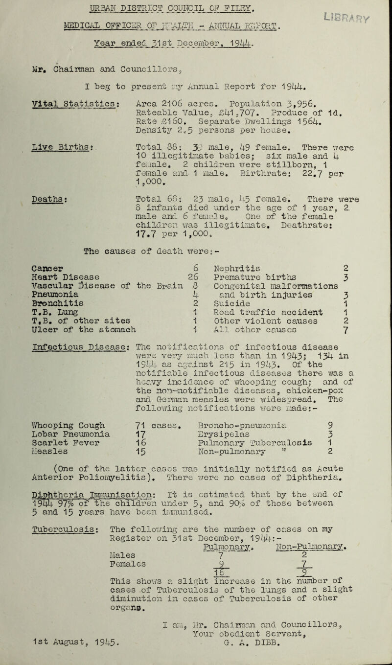 URBAN DISTRICT COUNCIL OR FILEY. MEDICAL OFFICBR OR li 'ALTIi >- ANNUAL RLPOR?. Year ended 31 st December, Mr, Chairman and Councillors, I beg to present Aninual Report for 1944. Vital Statistics: Live Birthst Deaths: Area 2106 acres. Population 3,956. Rateable Value, £415707. Produce of 1d, Rate £160. Separate Dwellings 1564. Density 2^,5 persons per house. Total 88: 33 male, 49 female. There were 10 illegitimate babies; six male and 4 female. 2 children were stillborn, 1 female aixl 1 male. Birthrate: 22.7 per 1,000. Total 68: 23 male, 45 female. There were 8 infants died under the age of 1 year, 2. male and 6 female. One of the female children v/as illegitimate, Deathrate: 17.7 per 1,000^ The causes of death v/ere:- Cancer 6 Nephritis 2 Heart Disease 26 Premature births 3 Vascular I^isease of the Brain 8 Congenital malformations Pneumonia 4 and birth injuries 3 Bronchitis 2 Suicide 1 T.B, Lung 1 Road traffic accident 1 T,B, of other sites 1 Other violent causes 2 Ulcer of the stomach 1 AD.l other causes 7 Infectious Disease; The notifications of infectious disease v/erc very much less than in 19435 134 in 1944 as against 215 in 1943. Of the notifiable infectious diseases there was a heavy incidence of v/hooping cough; and of the non~notifiable diseases, chicken-pox and German measles v/ere widespread. The follovying notifications were made:- V/hooping Cough Lobar Pneumonia Scarlet Fever Measles 71 cases. Broncho-pneumonia 9 17 Erysipelas 3 16 Pulmona,ry Tuberculosis 1 15 Non-pulmonary ” 2 (One of the latter cases ’jas initially notified as Acute Anterior Poliomyelitis), There were no cases of Diphtheria. Diphtheria Immunisation; It is estimated that by the end of 1944 97% of the childTren und.er 85 and 90^6 of those betv/een 5 and 15 years have been iixaunised. Tuberculosis; The following are the number of cases on my Register on 31st December, 194^-;- Pulmonary. Non-Pulmonary. Males ' 7 ' 2 Females 9 7 IV, This shoY/s a slight increase in the number of cases of Tuberculosis of the lungs and a slight diminution in cases of Tuberculosis of other organa. I a:ri, Mr. Chaiman and. Councillors, Your obedient Servant, G, A. DIBB. 1st August, 1945.