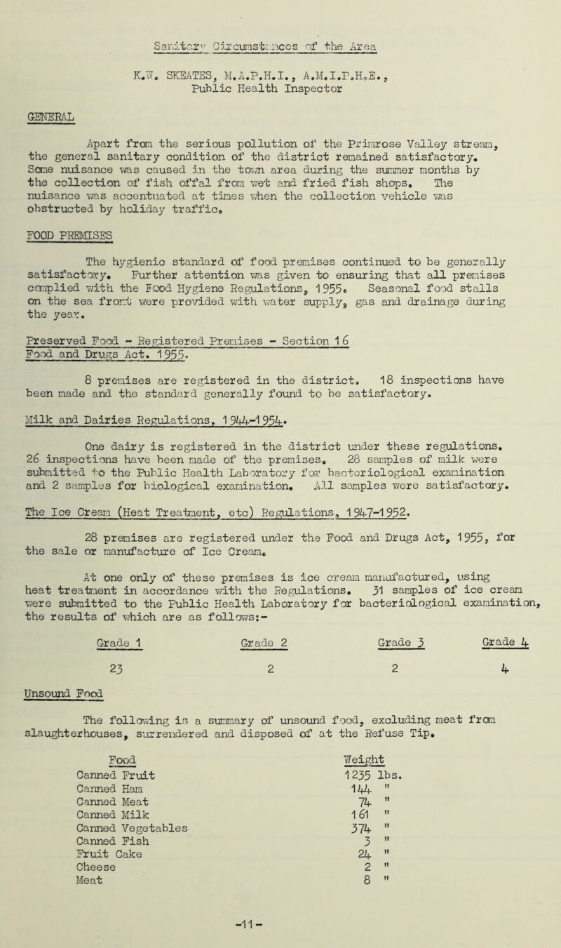 GENERAL Sanitr.r^^ Qj-rcunist: ncos nf the Area K.N. SKKATES, A.M.I.P,H,E., Public Health Inspector Apart from the serious pollution of the Primrose Valley stream, the general sanitary condition of the district remained satisfactory. Sane nuisance tos caused in the toim area during the summer months by the collection of fish offal from wet and fried fish shops. The nuisance was accentuated at times when the collection vehicle jias obstructed by holiday traffic, FOOD PREMISES The hygienic standard of food premises continued to be generally satisfactory. Further attention v^as given to ensuring that all premises cCTnplied with the Food Hygiene Regulations, Seasonal food stalls on the sea front v/ere provided with water supply, gas and drainage during the year. Preserved Food - Registered Premises - Section 1 6 Food and Drugs Act. 1935- 8 premises are registered in the district, 18 inspections have been made and the standard generally found to be satisfactory. Milk and Dairies Regulations, 1 94A--1 95A-» One dairy is registered in the district under these regulations, 26 inspections have been made of the premises, 28 samples of milk were submitted to the Public Health Laboratory for bacteriological examination and 2 samples for biological examination. All samples were satisfactory. The Ice Cream (Heat Treatment, etc) Regulations, 1947~1932. 28 premises are registered under the Pood and Drugs Act, 1955? for the sale or manufacture of Ice Cream, At one only of these premises is ice cream manufactured, using heat treatment in accordance with the Regulations, 31 samples of ice cream were submitted to the Public Health Laboratory for bacteriological examination, the results of which are as follows;- Grade 1 Grade 2 Grade 3 Grade 4 23 2 2 4 Unsound Pood The follovving is a summary of unsound food, excluding meat fron slaughterhouses, surrendered and disposed of at the Refuse Tip, Food Weight Canned Fruit 1235 Canned Ham Canned Meat 74 Canned Milk 161 Canned Vegetables 374 Canned Fish 3 Fruit Cake 24 Cheese 2 Meat 8 -11-
