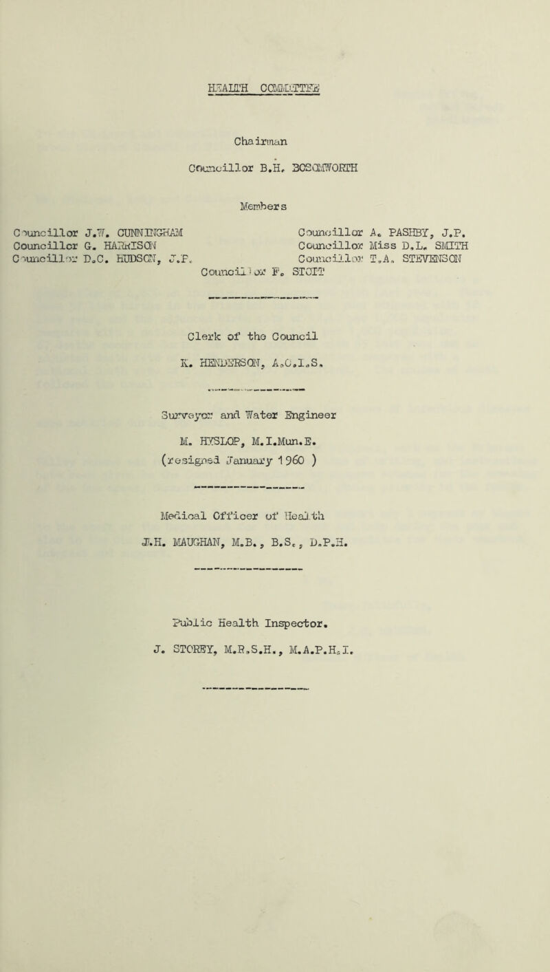 ETAHL’H Ca^vUTTFi; Chairman Councillor B.H, BOCOTORTH Member s C'>uncillor J.W. CUMEIG-HAM Councillor G. HARRISQi C-'.uncill^>r D.C. HUDSC2I, Councillor A* PASHBY, J.P. Councillor Miss D,L, SMITH Councillor T,A„ STEVENSdT Council-or Pc STOTT Clerk of the Council K. HENI'ERSdl, A„G,I-S, Surveyor and Water Engineer M. HYSLQP, M.I.Mun.E. (resigned January 1 960 ) Medical Officer of Heai.th JJ.H. MJ^UGHAN, M.B. , B,S., D.P.H. Public Health Inspector. J. STOREY, M.R,S.H., M,A.P.HsI