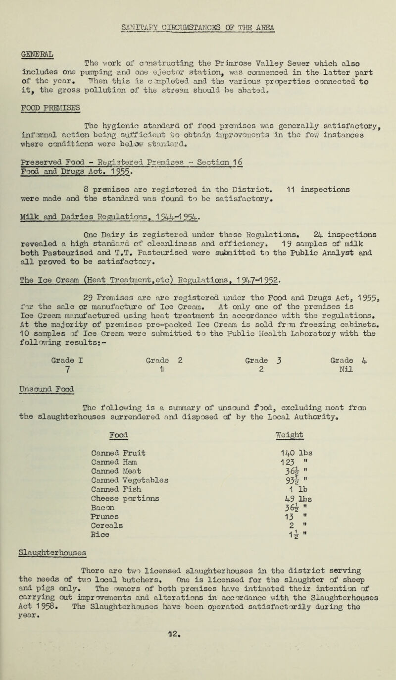 SJ^NIT'APl' CrRCUMSmiCES OP THE AHEA GENERAL The \?ork ol' cinstructing the Primrose Valley Sewer which also includes one pumping and one ejector station, was cornraenced in the latter part of the year. ‘I^^hen this is completed and the various properties connected to it, the gross pollution of the stream shoud-d be abated^ FOOD PRMISES The h^^gienic standard of food premises was generally satisfactory, inl'crmal action being sufficient to obtain improvements in the few instances where conditions were belof; standard. Preserved Food - Registered Premises - Section 16 Food and Drugs Act. 1933« 8 premises are registered in the District. 11 inspections were made and the standard was found to be satisfactory. Milk and Dairies Regulations. 1944-1954. One Dairy is registered under these Regulations. 24 inspections revealed a high standard of cleanliness and efficiency. 19 samples of milk both Pasteurised and T.T. Pasteurised were submitted to the Public Analyst and all proved to be satisfactory. The Ice Cream (Heat Treatment,etc) Regulations, 1947-1952. 29 Premises are are registered under the Pood and Drugs Act, 1955j for the sale or manufacture of Ice Cream. At only one of the premises is Ice Cream manufactured using heat treatment in accordance with the regulations. At the majority of premises pre-packed Ice Cream is sold fr Tn freezing cabinets. 10 samples of Ice Cream were submitted to the Public Health Laboratory v>rith the follrn-ying results:- Grade I Grade 2 Grade 3 Grade 4 7 11 2 Nil UnsQignd Food The follov;ing is a summary of unsound food, excluding meat frcm the slaughterhouses surrendered and disposed of by the Local Authority. Food height Canned Fruit 140 lbs Canned Ham 123  Canned Meat 3 ’* Canned Vegetables 932' Canned Pish 1 lb Cheese portions 49 lbs Bacon 36^ ” Prunes 13 ” Cereals 2  Rice ” Slaughterhouses There are two licensed slaughterhouses in the district serving the needs of tv.’O local butchers. One is licensed for the slaughter of sheep and pigs only. The owners of both premises have intimated their intention of carrying out improvements and alterations in accordance with the Slaughterhouses Act 1958* The Slaughterhouses have been operated satisfactorily during the year. 1i2