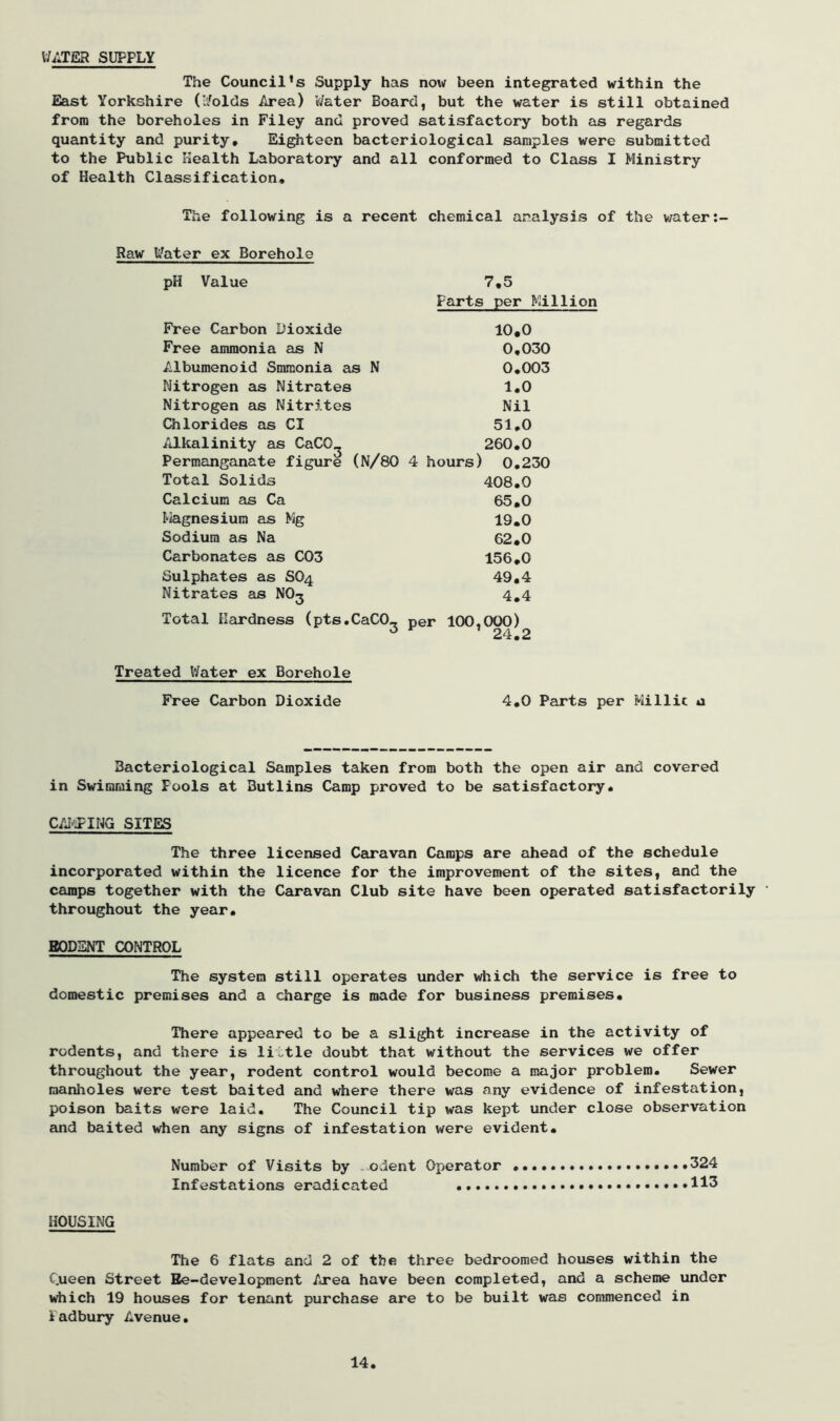 MATER SUPPLY The Council’s Supply has now been integrated within the East Yorkshire (l/olds Area) Water Board, but the water is still obtained from the boreholes in Filey and proved satisfactory both as regards quantity and purity. Eighteen bacteriological samples were submitted to the Public Health Laboratory and all conformed to Class I Ministry of Health Classification, The following is a recent chemical analysis of the water Raw Water ex Borehole pH Value 7,5 Parts per P/lillion Free Carbon Dioxide Free ammonia as N Albumenoid Smmonia as N 10,0 0,030 0.003 Nitrogen as Nitrates 1.0 Nitrogen as Nitrites Nil Chlorides as Cl 51,0 Alkalinity as CaCQ^ 260.0 Permanganate figure (N/80 4 hours) 0.230 Total Solids 408.0 Calcium as Ca 65.0 Magnesium as Mg 19.0 Sodium as Na 62.0 Carbonates as C03 156.0 Sulphates as SO4 49.4 Nitrates as NO3 4.4 Total Hardness (pts.CaCO- per 100,000) 3 F 1 24.2 Treated Water ex Borehole Free Carbon Dioxide 4.0 Parts per Millie u Bacteriological Samples taken from both the open air and covered in Swimming Fools at Butlins Camp proved to be satisfactory. CAMPING SITES The three licensed Caravan Camps are ahead of the schedule incorporated within the licence for the improvement of the sites, and the camps together with the Caravan Club site have been operated satisfactorily • throughout the year. B0D2NT CONTROL The system still operates under which the service is free to domestic premises and a charge is made for business premises. There appeared to be a slight increase in the activity of rodents, and there is little doubt that without the services we offer throughout the year, rodent control would become a major problem. Sewer manholes were test baited and where there was any evidence of infestation, poison baits were laid. The Council tip was kept under close observation and baited when any signs of infestation were evident. Number of Visits by -odent Operator 324 Infestations eradicated ..113 HOUSING The 6 flats and 2 of the three bedroomed houses within the C.ueen Street Ee-development Area have been completed, and a scheme under which 19 houses for tenant purchase are to be built was commenced in Fadbury Avenue. 14