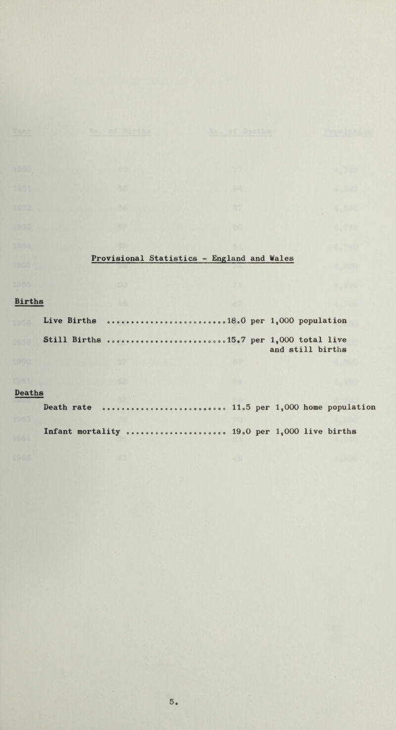 Provisional Statistics England and Wales Births Live Births o.»<> 18.0 per 1,000 population Still Births ......................o..15,7 per 1,000 total live and still births Deaths Death rate .••eo.ooeoo.o.«.o.oooo.ooo 11.5 per Infant mortality .................o... 19.0 per 1,000 home population 1,000 live births