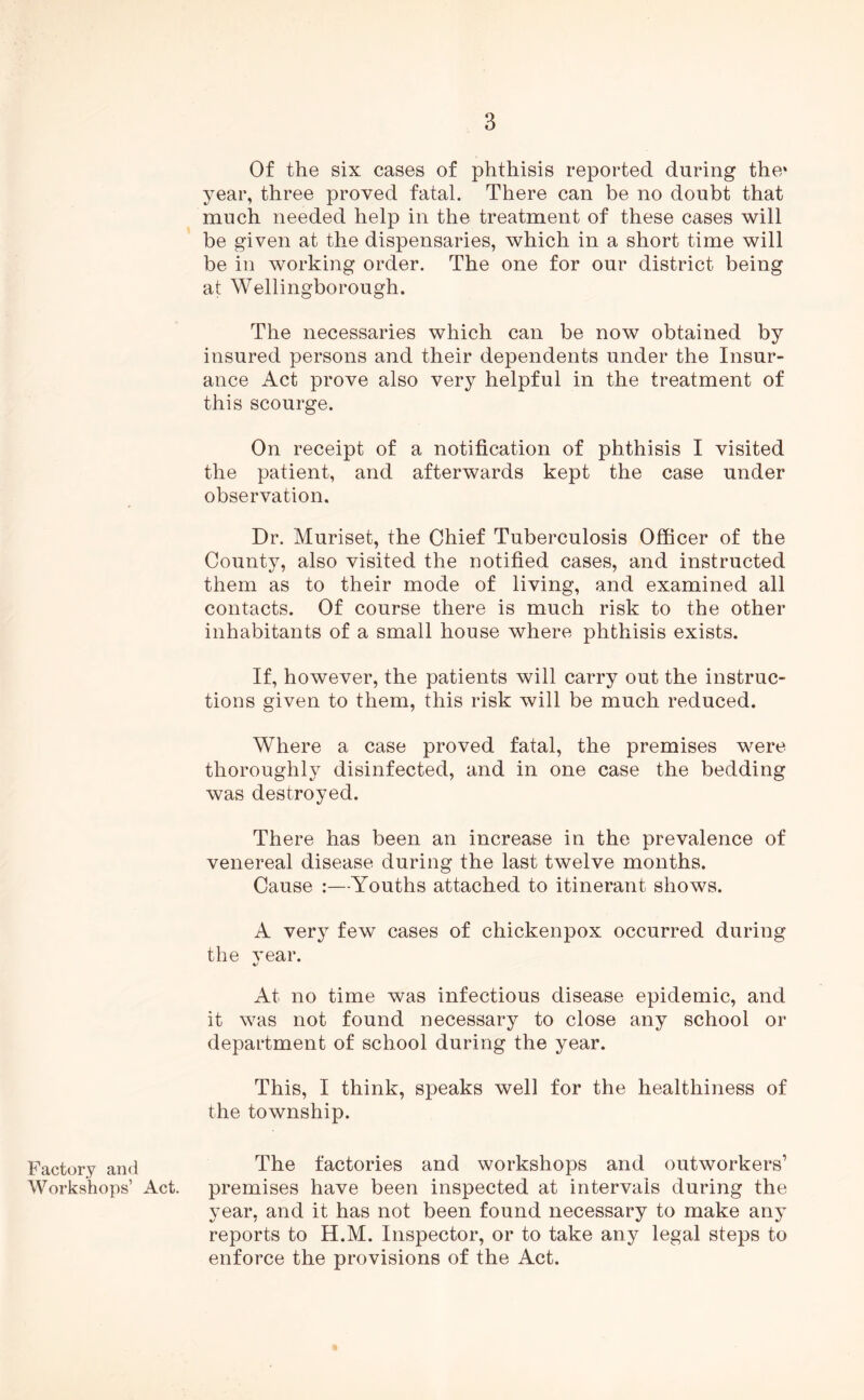 Factory and Workshops’ Of the six cases of phthisis reported during the* year, three proved fatal. There can be no doubt that much needed help in the treatment of these cases will be given at the dispensaries, which in a short time will be in working order. The one for our district being at Wellingborough. The necessaries which can be now obtained by insured persons and their dependents under the Insur- ance Act prove also very helpful in the treatment of this scourge. On receipt of a notification of phthisis I visited the patient, and afterwards kept the case under observation. Dr. Muriset, the Chief Tuberculosis Officer of the County, also visited the notified cases, and instructed them as to their mode of living, and examined all contacts. Of course there is much risk to the other inhabitants of a small house where phthisis exists. If, however, the patients will carry out the instruc- tions given to them, this risk will be much reduced. Where a case proved fatal, the premises were thoroughly disinfected, and in one case the bedding was destroyed. There has been an increase in the prevalence of venereal disease during the last twelve months. Cause :—Youths attached to itinerant shows. A very few cases of chickenpox occurred during the vear. t/ At no time was infectious disease epidemic, and it was not found necessary to close any school or department of school during the year. This, I think, speaks well for the healthiness of the township. The factories and workshops and outworkers’ Act. premises have been inspected at intervals during the year, and it has not been found necessary to make any reports to H.M. Inspector, or to take any legal steps to enforce the provisions of the Act.