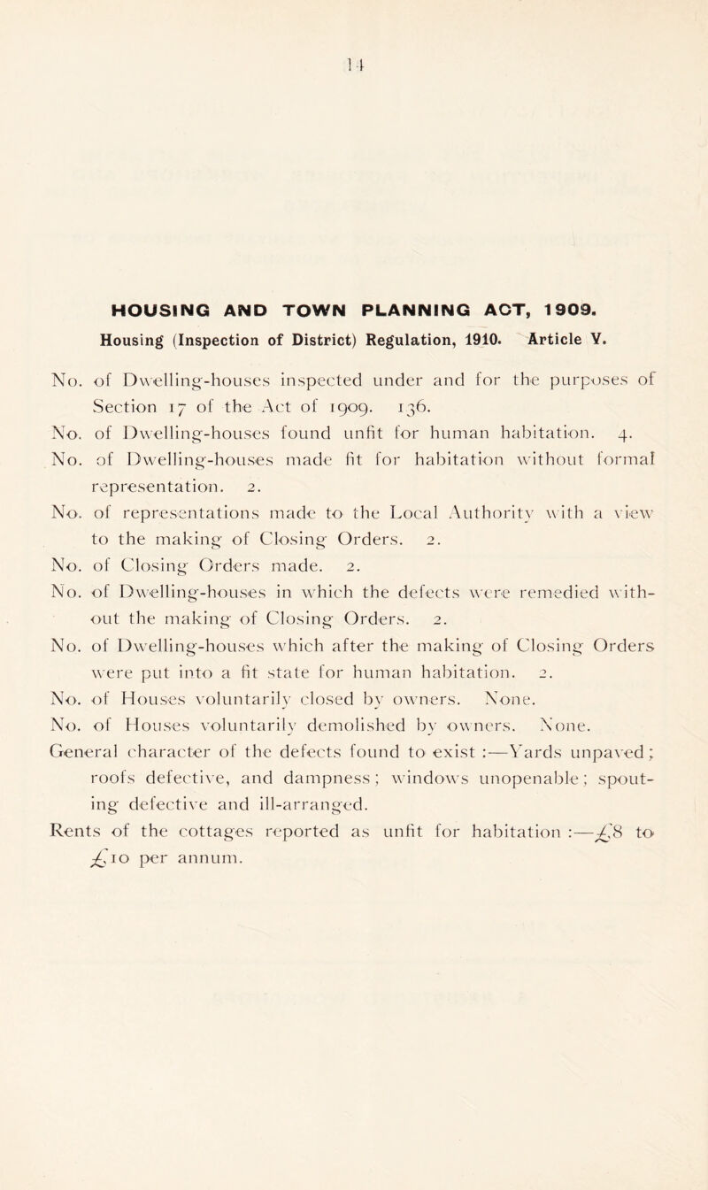 HOUSING AND TOWN PLANNING ACT, 1909. Housing (Inspection of District) Regulation, 1910. Article Y. No. of Dwelling-houses inspected under and for the purposes of Section 17 of the Act of 1909. 136. No. of Dwelling-houses found unfit for human habitation. 4. No. of Dwelling-houses made fit for habitation without formal representation. 2. No. of representations made to the Local Authority with a view to the making of Closing Orders. 2. No. of Closing Orders made. 2. No. of Dwelling-houses in which the defects were remedied with- out the making of Closing Orders. 2. No. of Dwelling-houses which after the making of Closing Orders were put into a fit state for human habitation. 2. No. of Houses voluntarily closed by owners. None. No. of Houses voluntarily demolished by owners. None. General character of the defects found to exist :—Yards unpaved; roofs defective, and dampness; windows unopenable; spout- ing defective and ill-arranged. Rents of the cottages reported as unfit for habitation :—£8 to ^,10 per annum.