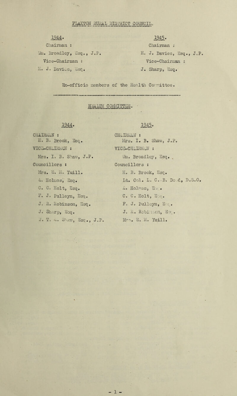 FLAXTON RUi-lAL DI3THICT COMCILc 19M. Chairman s h'm. Broadlay, Csq,, JoP. Vice-Chairman s h. Jo DavieSj hcq. 1945- Chairman i Ho J. Davies, Esq., JoP. Vic e-Chairman i J. Sharp, Esq. E:C“Officip memhers of the Healtli Gor^mittoe. H'EALTH COPSflTTHE. 19M- CiiAIRivDiH s Ho Bo Brook, Esq. VICE-CHSnjHJT s 111x3, lo Bo Shav;, J.P. Councillors : Hrs. E, i.Io Yuill. /io Holmes, Esq. Go Co Holt, Esq. F. Jo Pulleyn, Esq. Jo Ho Hohinson, Esq. Jo Sharp, Esq. Jo To e. 3V.SS7, Esq., JoP. 124^- GHJIRi'.HjH s Pirs. I. B. Shavi;, J,P, VIG.E-CHlIEI'.h.H s l/m. Broadloy, Esq. ^ Councillors s Ho B, Brook, Esq. Lt. Col. Lo C..B. Dod, DoS.O B. Hollies, E - • Co Co Holt, E-..q, Fo J. Pulloyn, Esq, Jo Ho RoBirvicn, Esq. Mrs. EoMo Yuill.