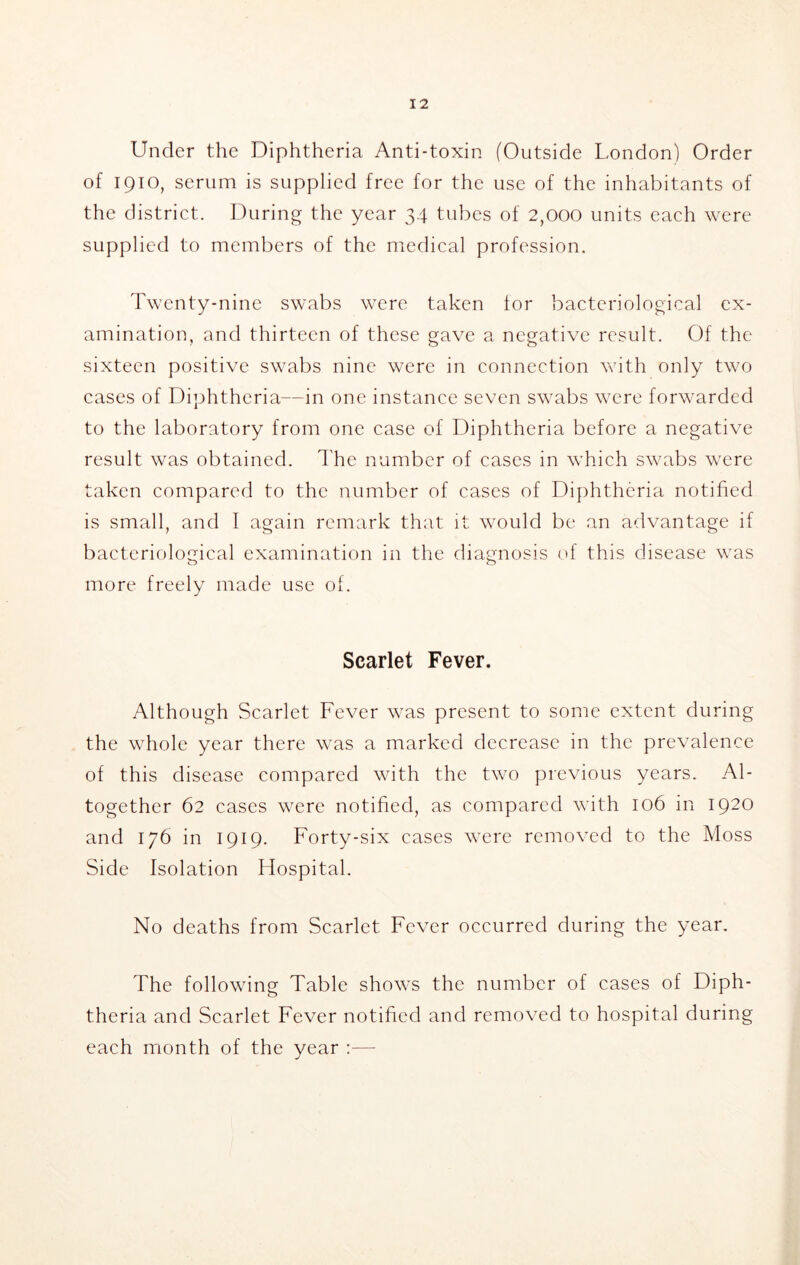 Under the Diphtheria Anti-toxin (Outside London) Order of 1910, serum is supplied free for the use of the inhabitants of the district. During the year 34 tubes of 2,000 units each were supplied to members of the medical profession. Twenty-nine swabs were taken for bacteriological ex- amination, and thirteen of these gave a negative result. Of the sixteen positive swabs nine were in connection with only two cases of Diphtheria—in one instance seven swabs were forwarded to the laboratory from one case of Diphtheria before a negative result was obtained. The number of cases in which swabs were taken compared to the number of cases of Diphtheria notified is small, and 1 again remark that it would be an advantage if bacteriological examination in the diagnosis of this disease was more freely made use of. Scarlet Fever. Although Scarlet Fever was present to some extent during the whole year there was a marked decrease in the prevalence of this disease compared with the two previous years. Al- together 62 cases were notified, as compared with 106 in 1920 and 176 in 1919. Forty-six cases were removed to the Moss Side Isolation Hospital. No deaths from Scarlet Fever occurred during the year. The following Table shows the number of cases of Diph- theria and Scarlet Fever notified and removed to hospital during each month of the year :—