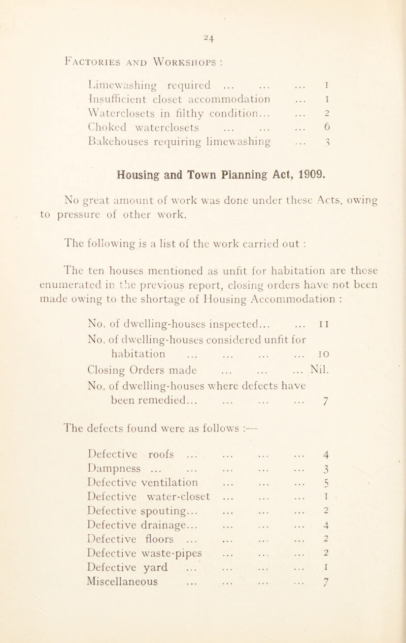 Factories and Workshops : Limewashing required ... ... ... i ■Insufficient closet accommodation ... I Waterclosets in filthy condition... ... 2 Choked waterclosets ... ... ... 6 Bakehouses requiring hmewashing ... 3 Housing and Town Planning Act, 1809. No great amount of work was done under these Acts, owing to pressure of other work. The following is a list of the work carried out : The ten houses mentioned as unfit for habitation are those enumerated in the previous report, closing orders have not been made owing to the shortage of Housing Accommodation : No. of dwelling-houses inspected... ... II No. of dwelling-houses considered unfit for habitation ... ... ... ... 10 Closing Orders made ... ... ... Nil. No. of dwelling-houses where defects have been remedied... ... ... ... 7 The defects found were as follows :— Defective roofs Dampness ... Defective ventilation Defective water-closet Defective spouting... Defective drainage... Defective floors Defective waste-pipes Defective yard Miscellaneous 4 3 5 1 2 2 7 /